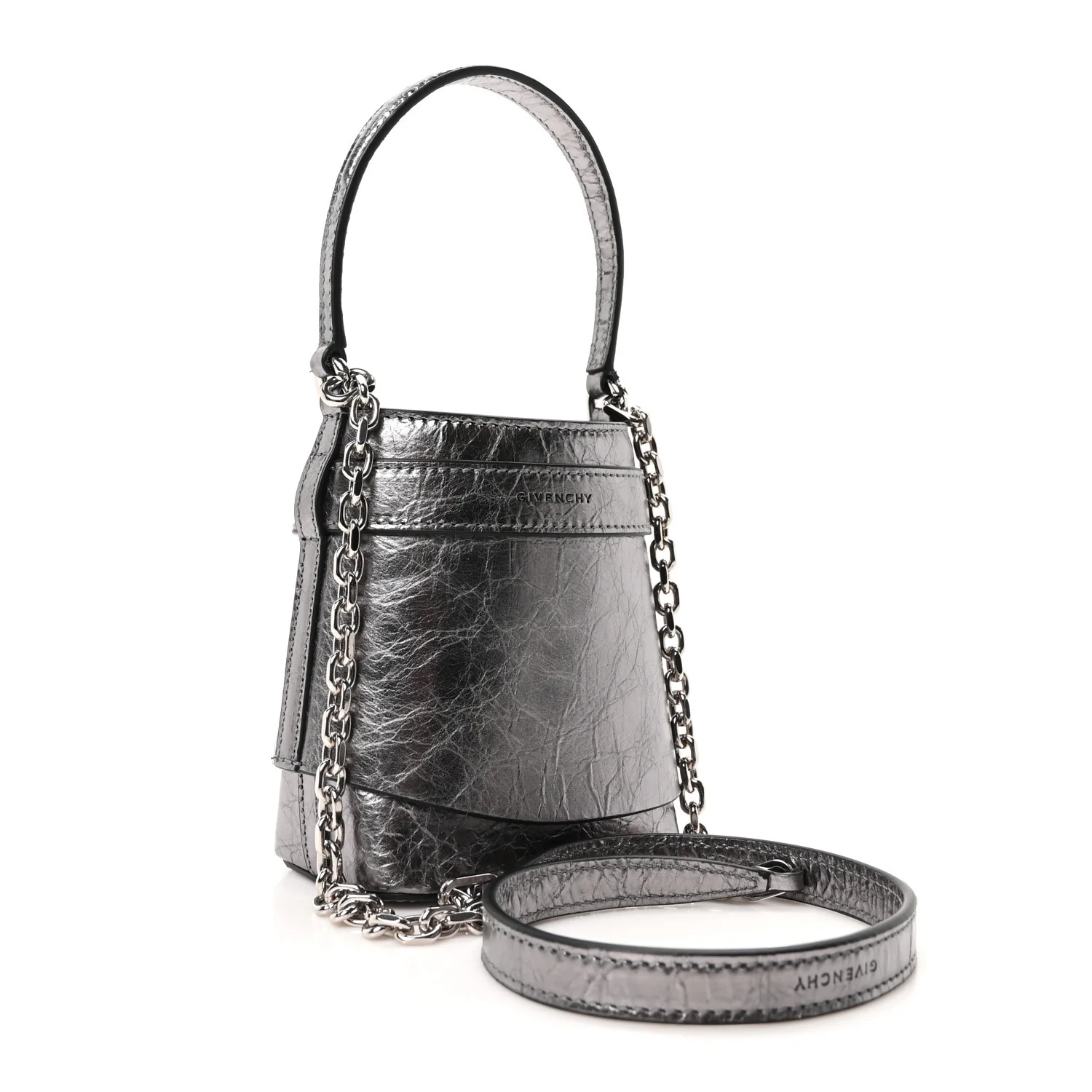 Laminated Lambskin Micro Shark Lock Bucket Bag Silvery Grey - Image 3