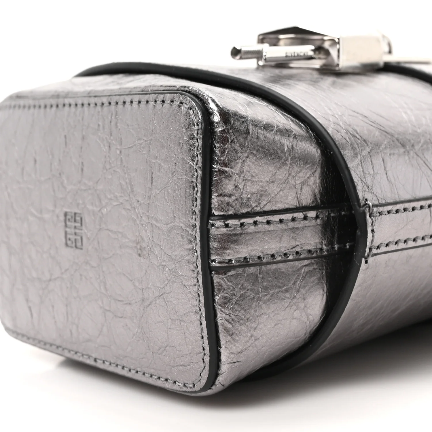 Laminated Lambskin Micro Shark Lock Bucket Bag Silvery Grey - Image 9