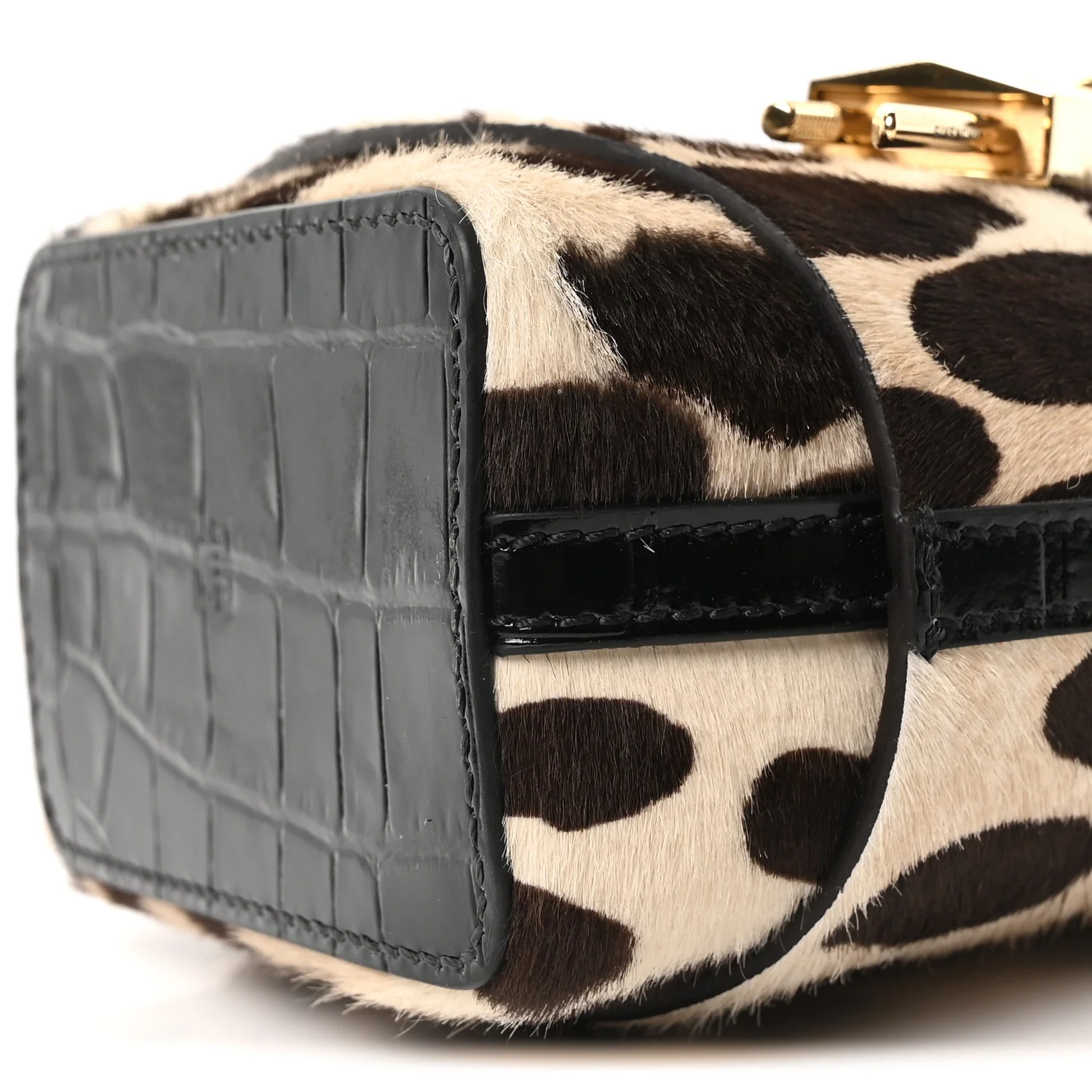 Pony Calfskin Micro Leopard Print Shark Lock Bucket Bag Black Beige - Image 10
