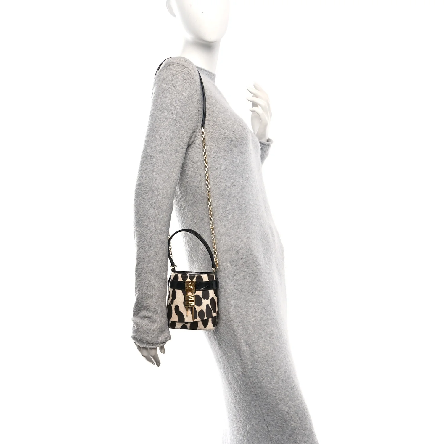Pony Calfskin Micro Leopard Print Shark Lock Bucket Bag Black Beige - Image 2