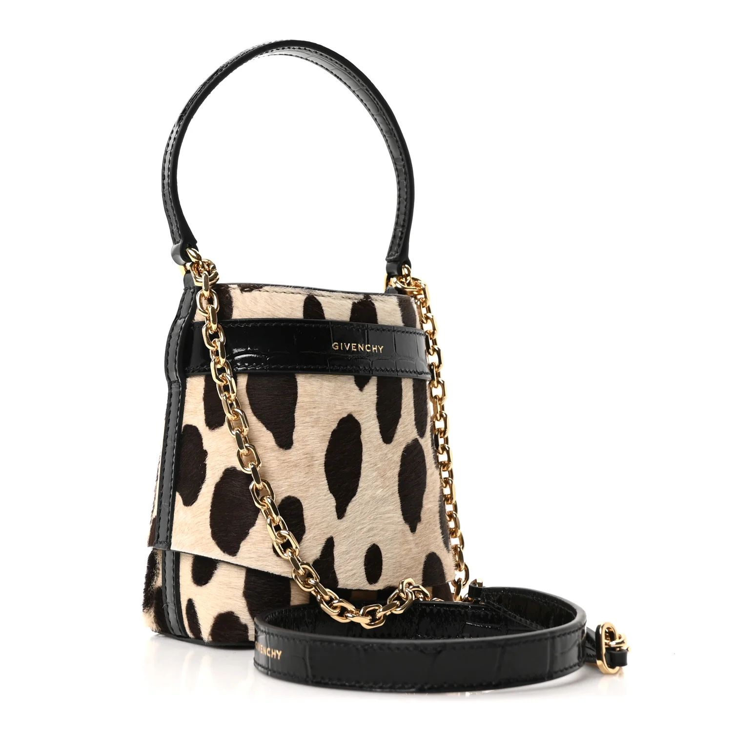 Pony Calfskin Micro Leopard Print Shark Lock Bucket Bag Black Beige - Image 3
