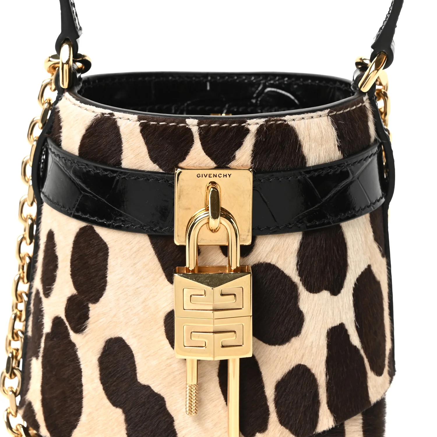 Pony Calfskin Micro Leopard Print Shark Lock Bucket Bag Black Beige - Image 8