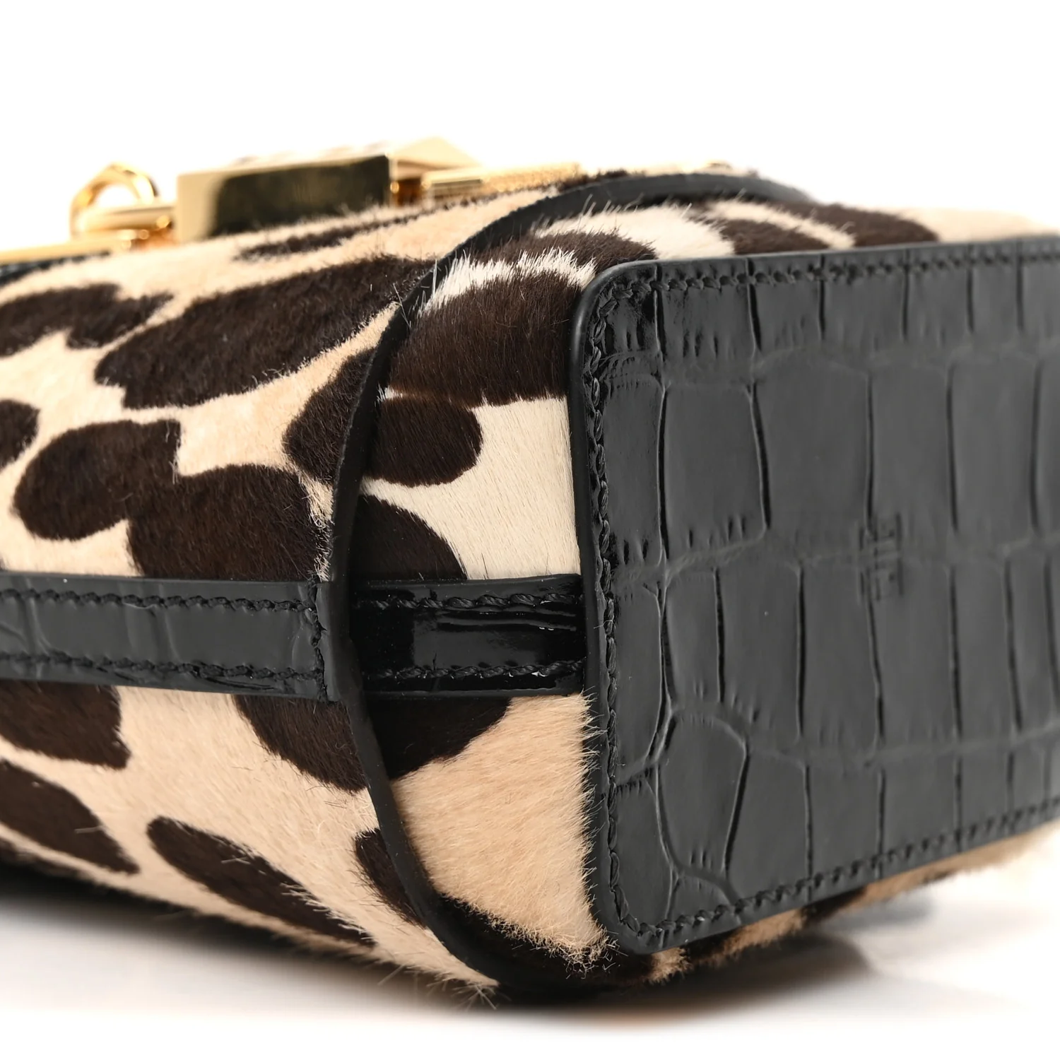 Pony Calfskin Micro Leopard Print Shark Lock Bucket Bag Black Beige - Image 9