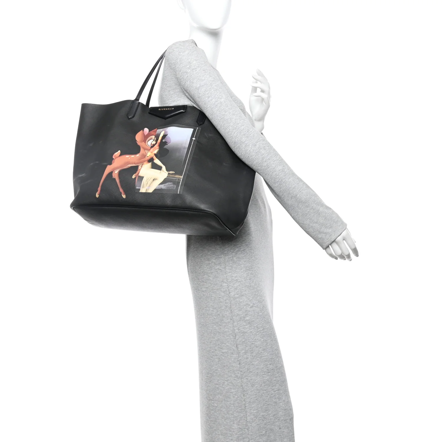 Textured Coated Canvas Bambi Print Large Antigona Tote Black - Image 2