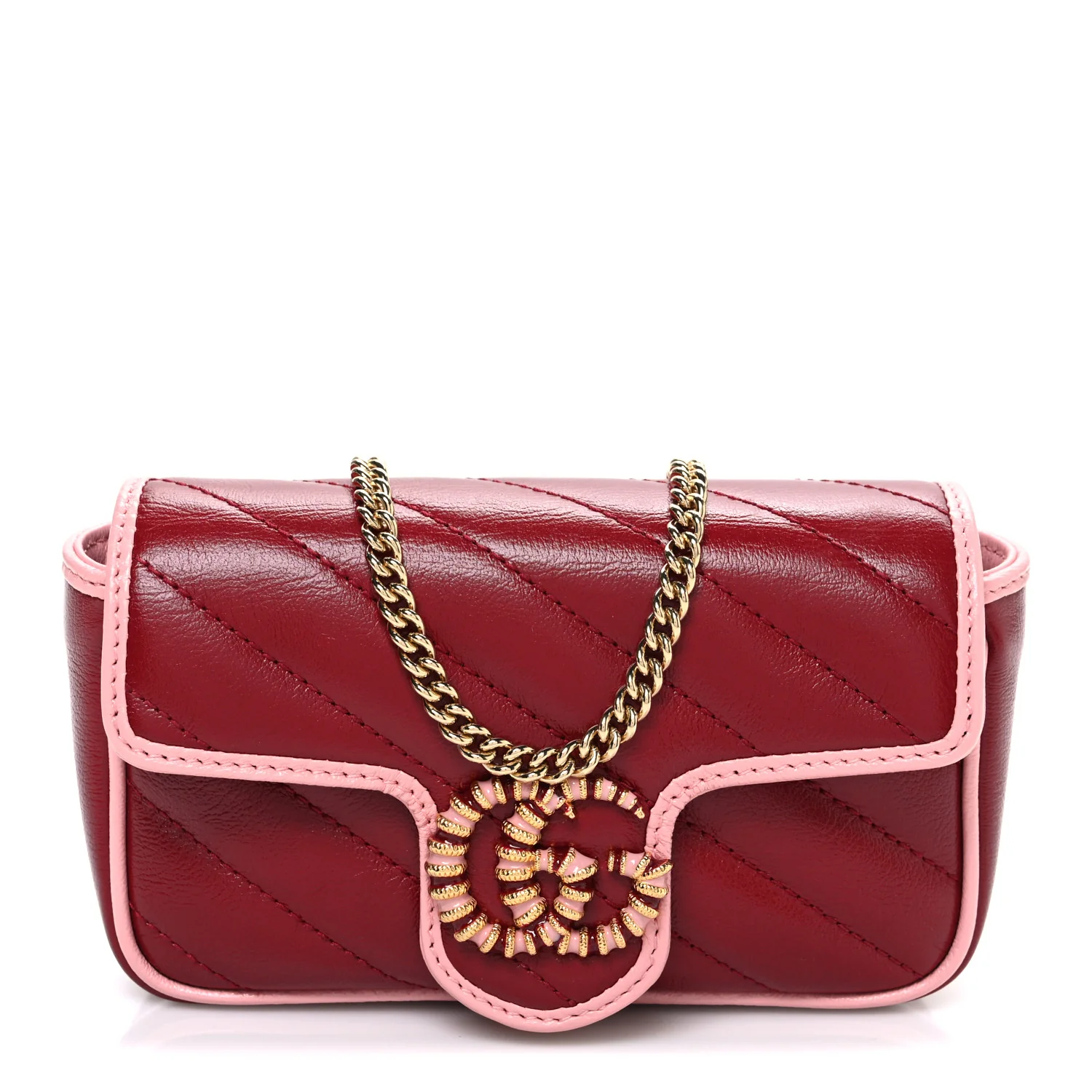 Azalea Calfskin Enamel Matelasse Diagonal Super Mini Torchon GG Marmont Shoulder Bag New Cherry Red Wild Rose