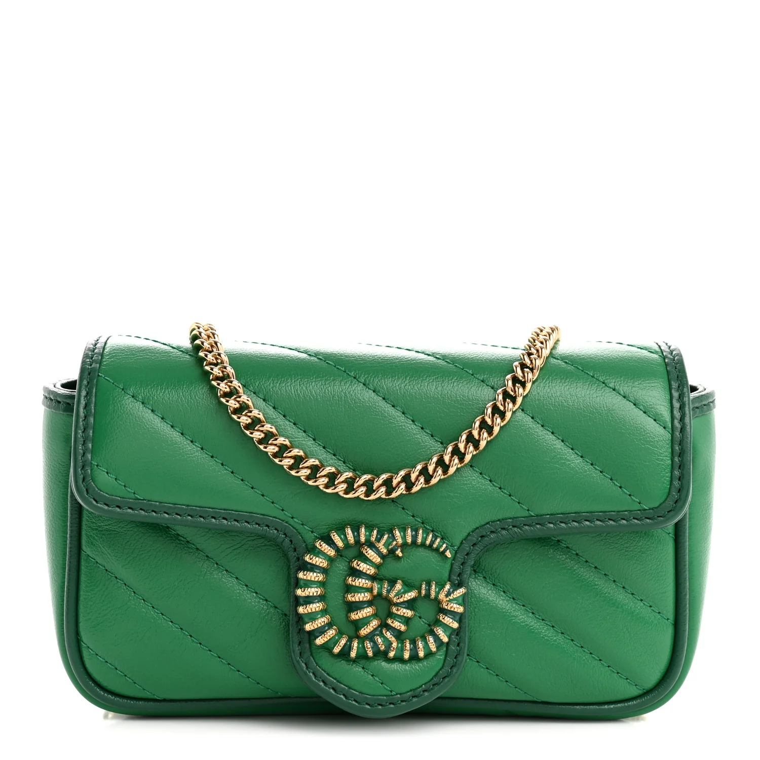 Azalea Calfskin Enamel Matelasse Diagonal Super Mini Torchon GG Marmont Shoulder Bag New Shamarock Emerald
