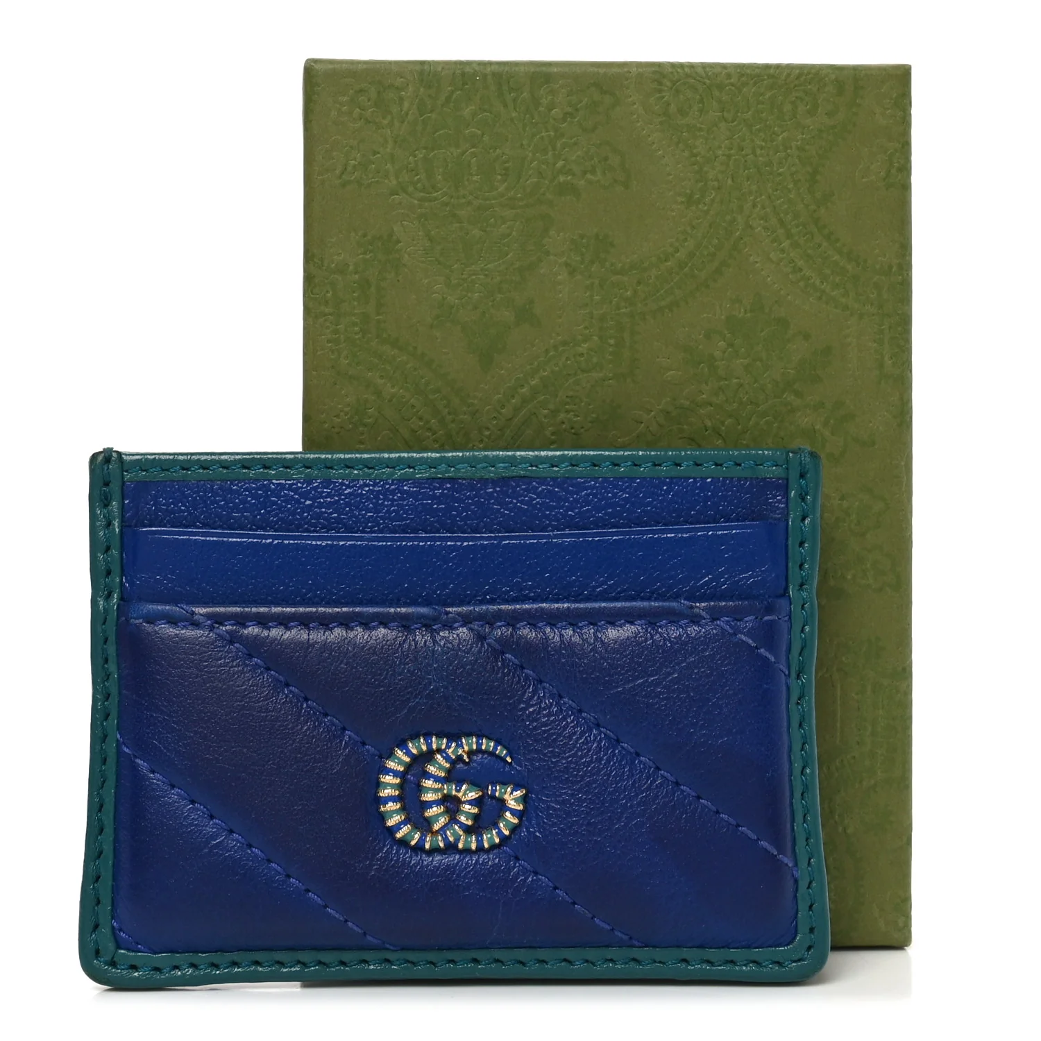 Azalea Calfskin Matelasse Diagonal Enamel Torchon GG Marmont Card Holder Imperial Blue Pavone - Image 7