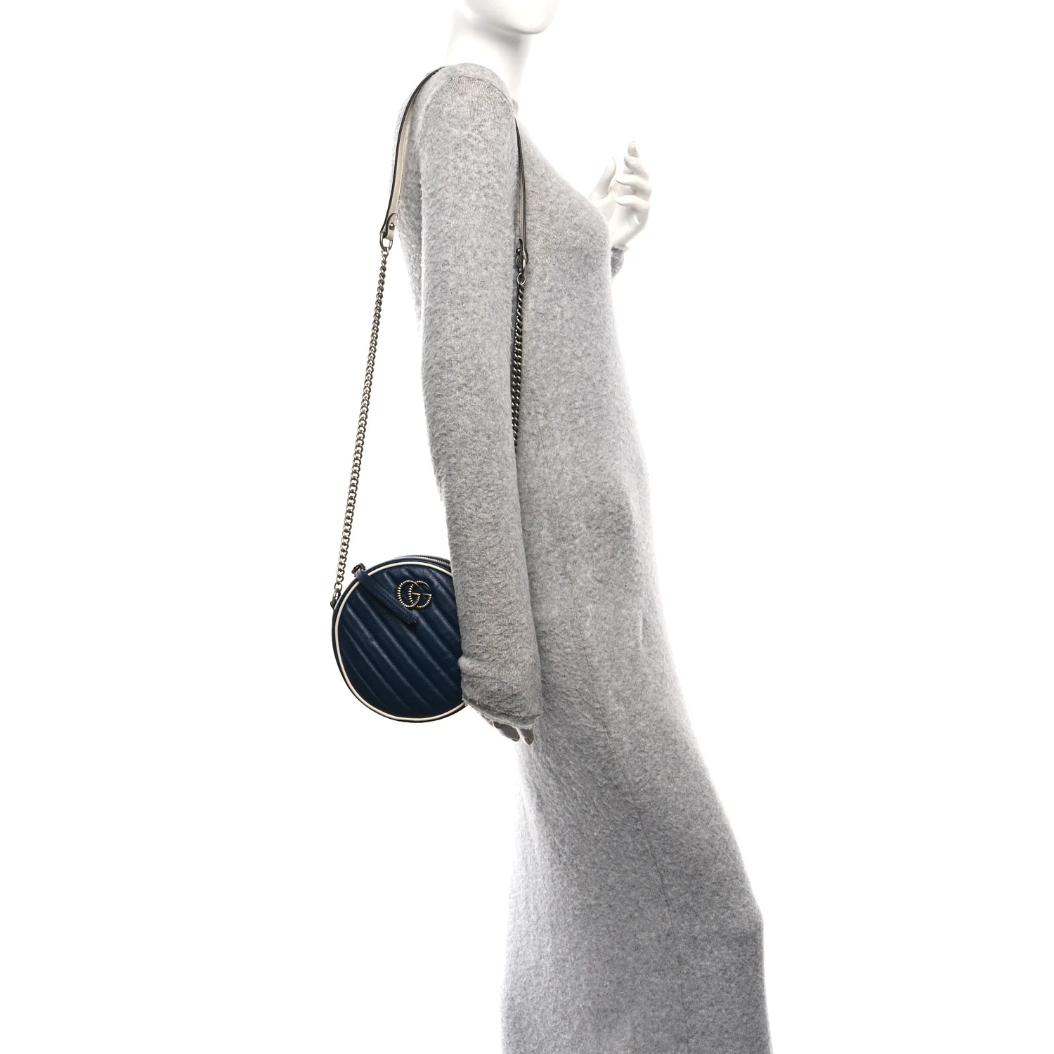Azalea Calfskin Matelasse Diagonal Mini Torchon GG Marmont Round Shoulder Bag Blue Agata Mystic White - Image 2