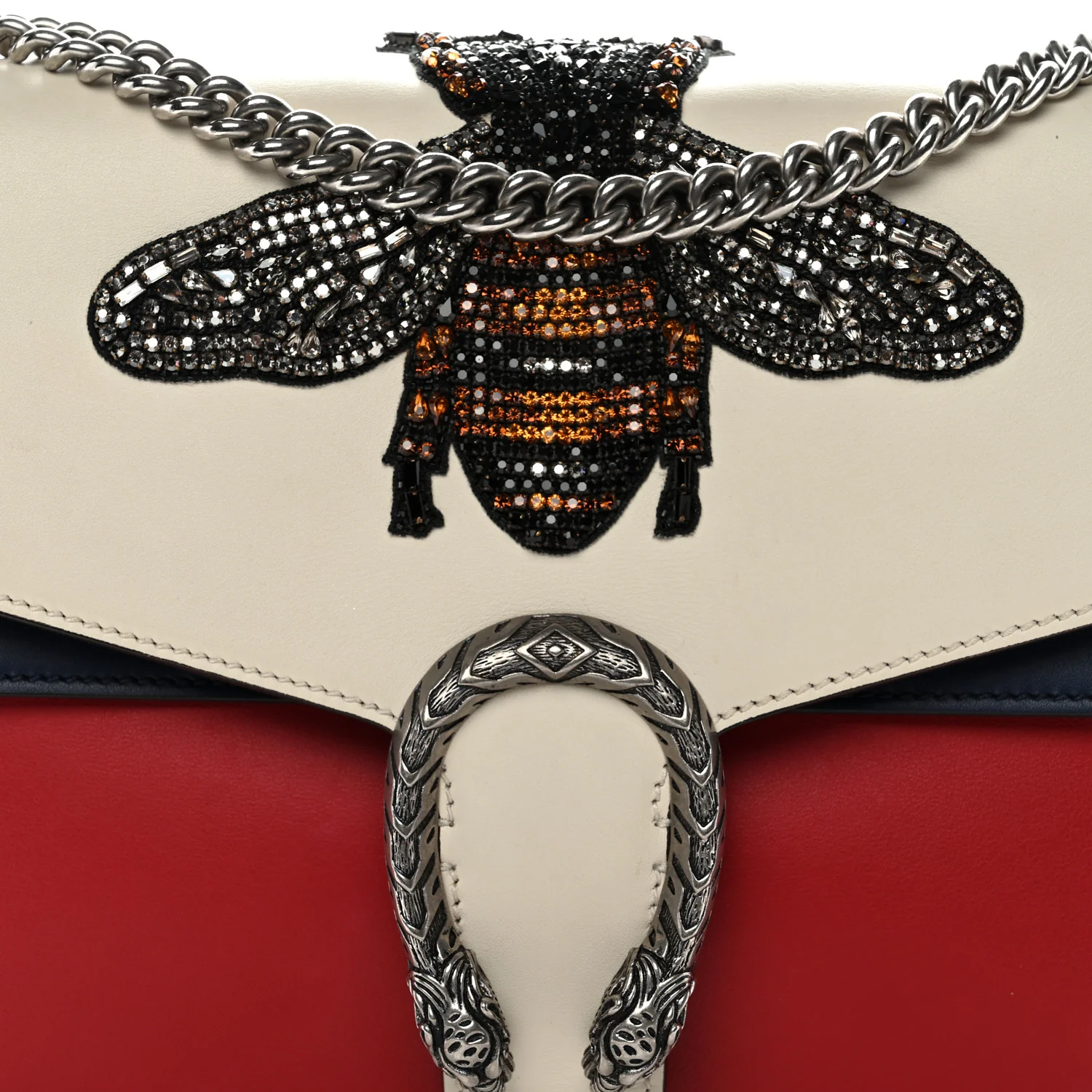 Calfskin Bee Embroidered Medium Dionysus Shoulder Bag White Blue Hibiscus Red - Image 9