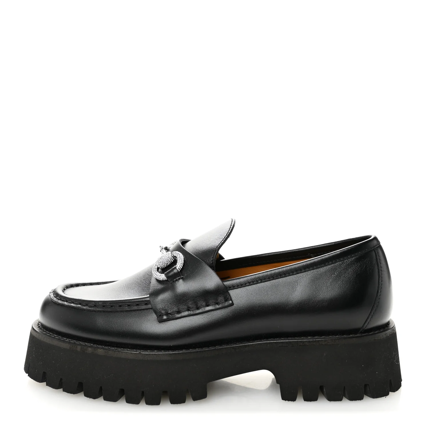 Calfskin Crystal Womens Horsebit Platform Lug Sole Loafers 37.5 Black