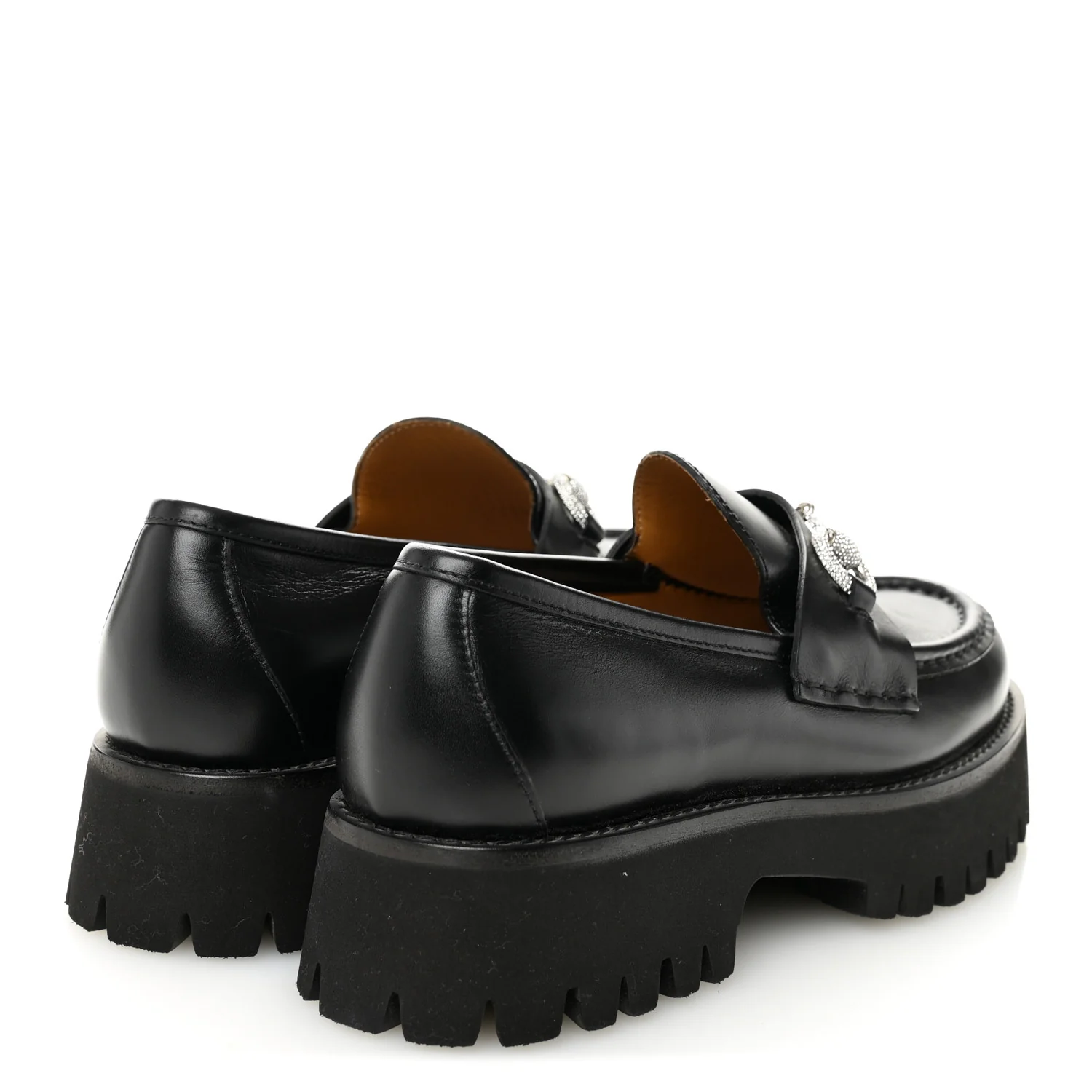 Calfskin Crystal Womens Horsebit Platform Lug Sole Loafers 37.5 Black - Image 4