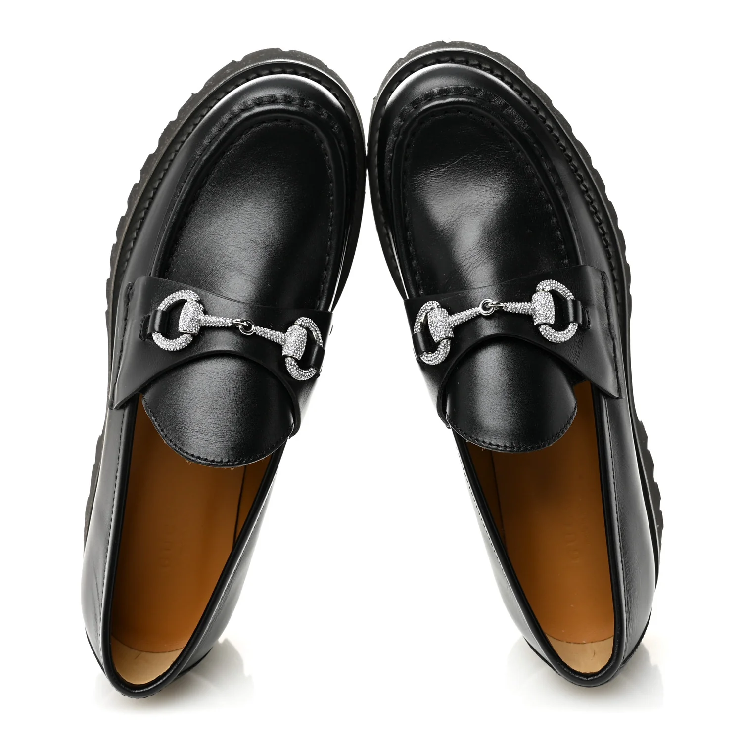 Calfskin Crystal Womens Horsebit Platform Lug Sole Loafers 37.5 Black - Image 5