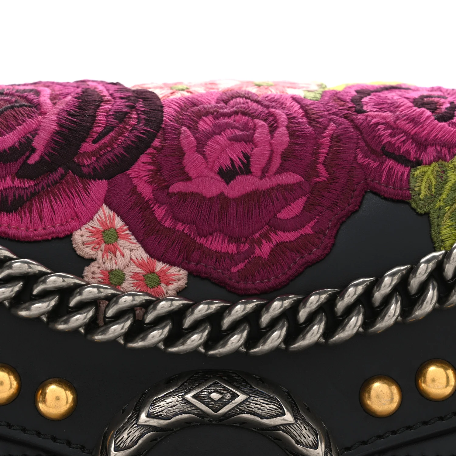 Calfskin Floral Embroidered Studded Small Dionysus Shoulder Bag Black - Image 8