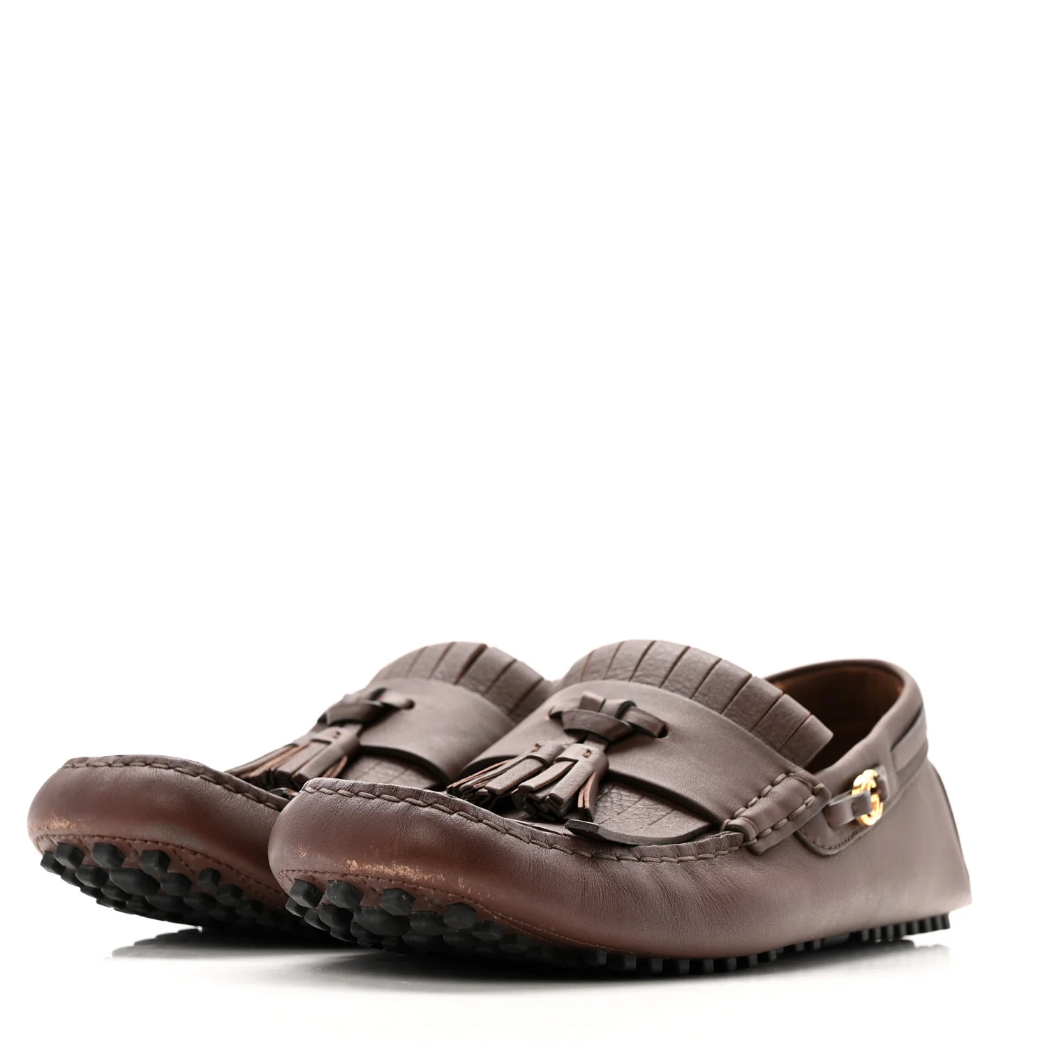 Calfskin Fringe Interlocking G Mens Driver Loafers 8 Brown - Image 4