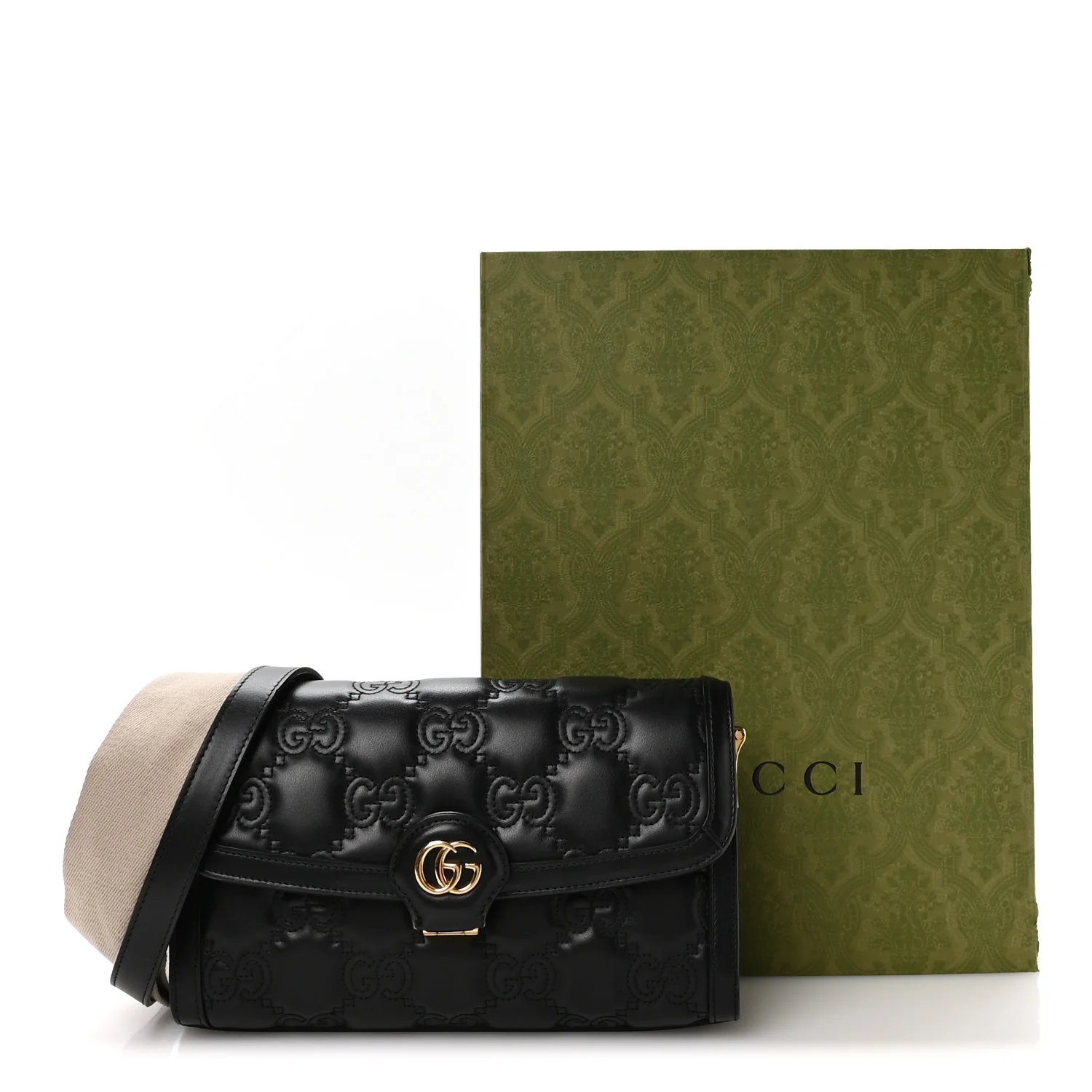 Calfskin GG Matelasse Small Flap Shoulder Bag Black Natural - Image 11