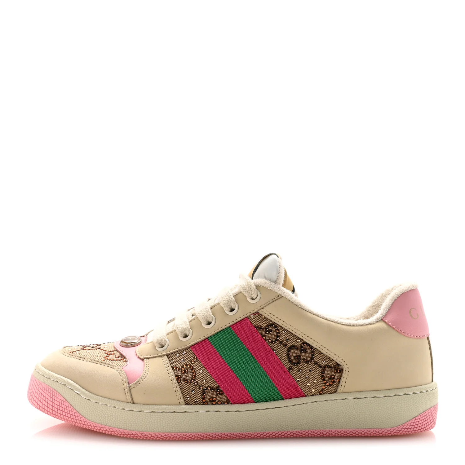 Calfskin GG Supreme Crystals Web Screener Sneakers 38 Beige Ebony Wild Rose