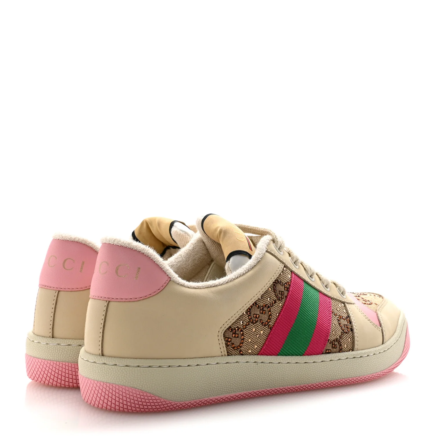 Calfskin GG Supreme Crystals Web Screener Sneakers 38 Beige Ebony Wild Rose - Image 5