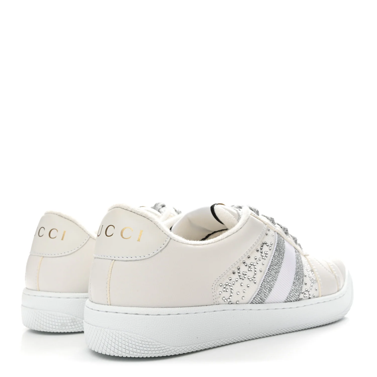 Calfskin GG Supreme Crystals Web Screener Sneakers 38 White Silver - Image 5