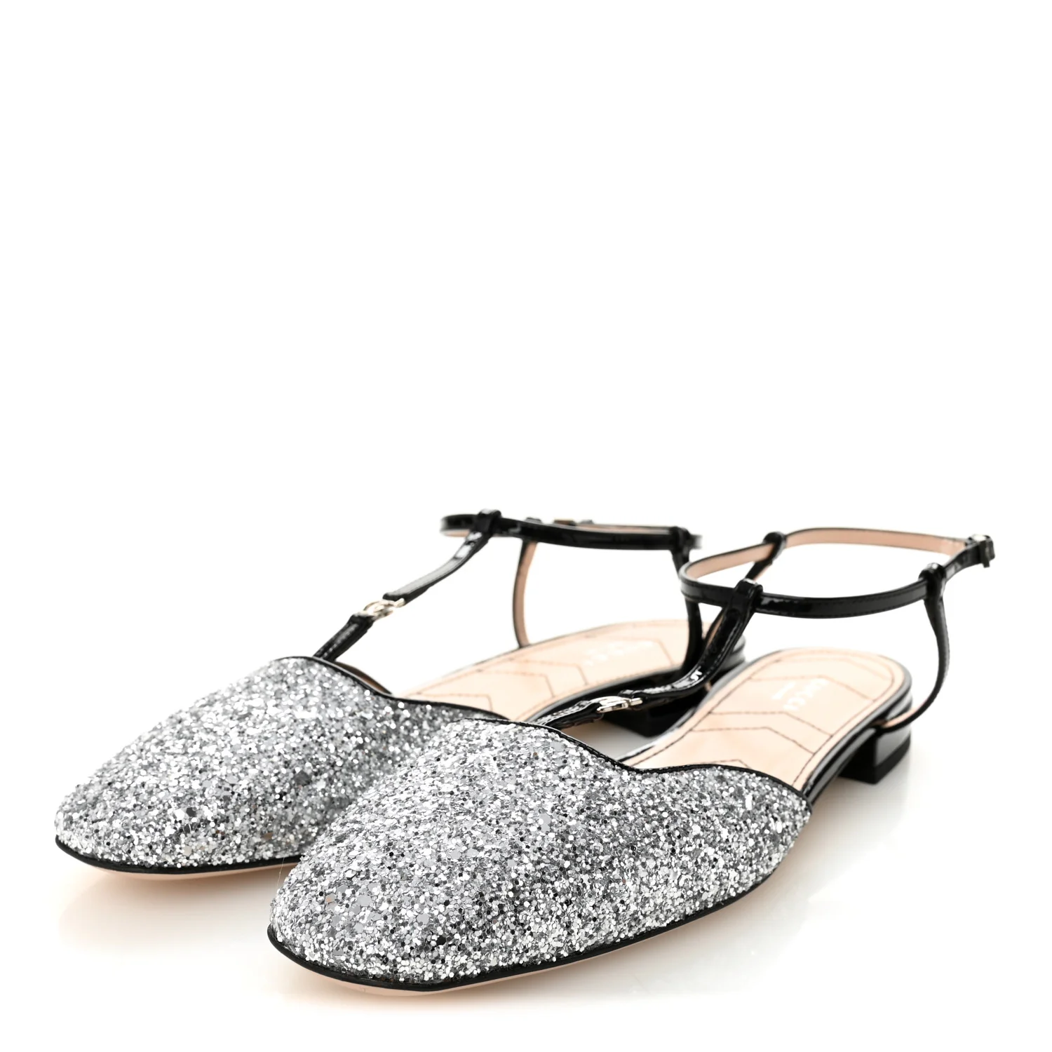 Calfskin Glitter Double G Slingback Flats 39 Silver Black - Image 3
