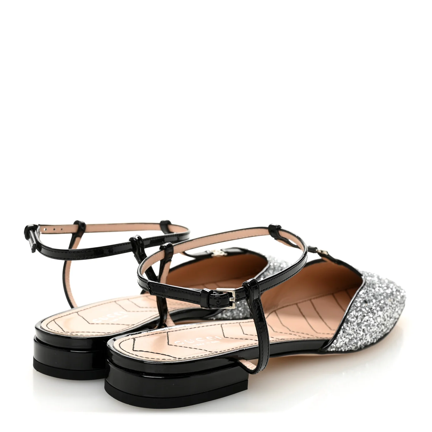 Calfskin Glitter Double G Slingback Flats 39 Silver Black - Image 4