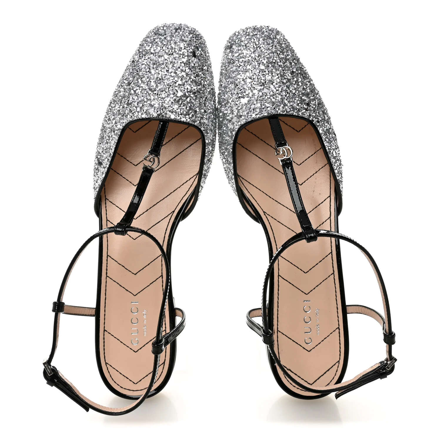 Calfskin Glitter Double G Slingback Flats 39 Silver Black - Image 5
