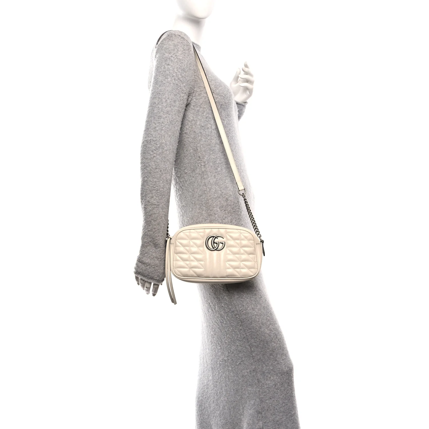 Calfskin Matelasse Aria Small GG Marmont Chain Shoulder Bag Mystic White - Image 3
