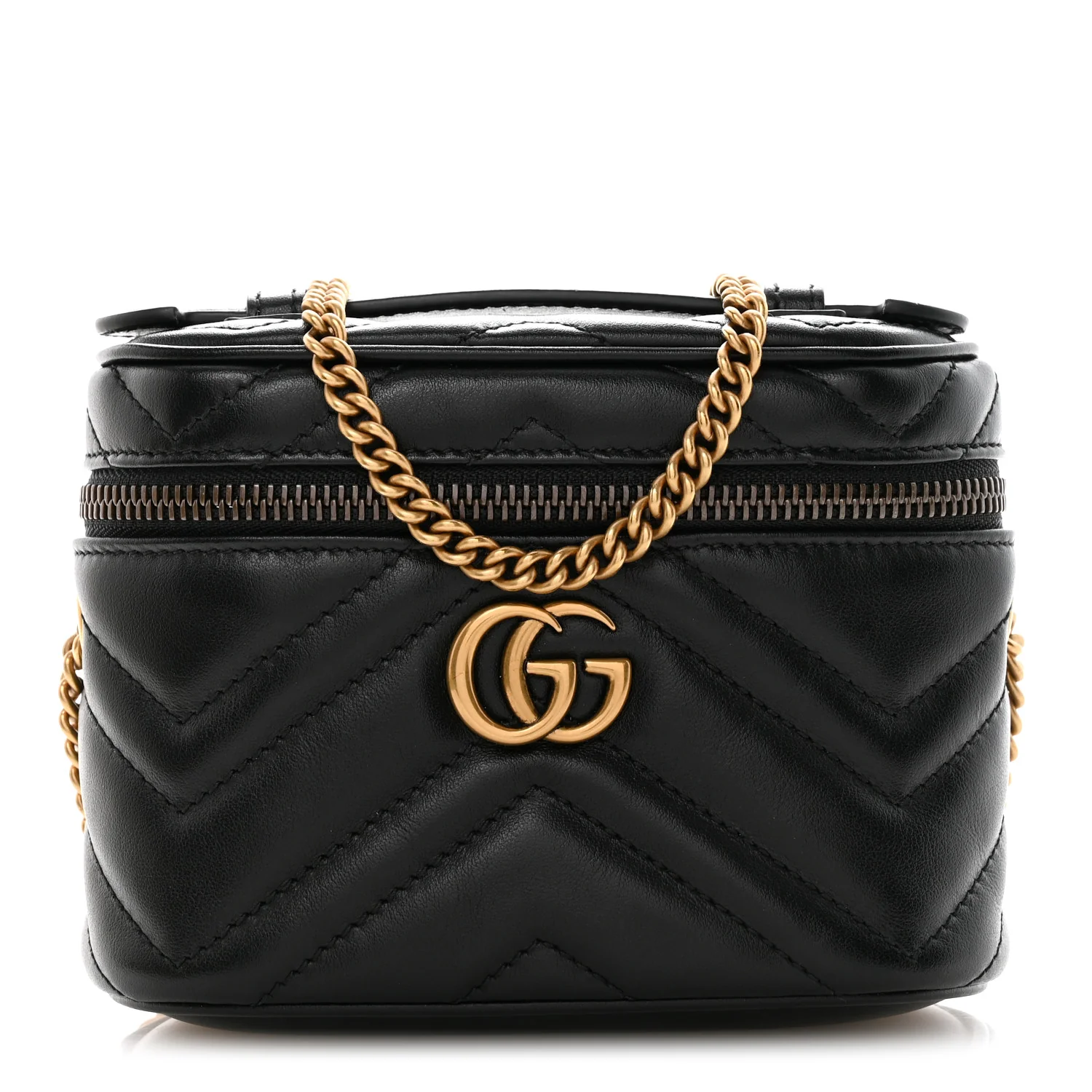 Calfskin Matelasse Chevron Mini GG Marmont Top Handle Bag Black