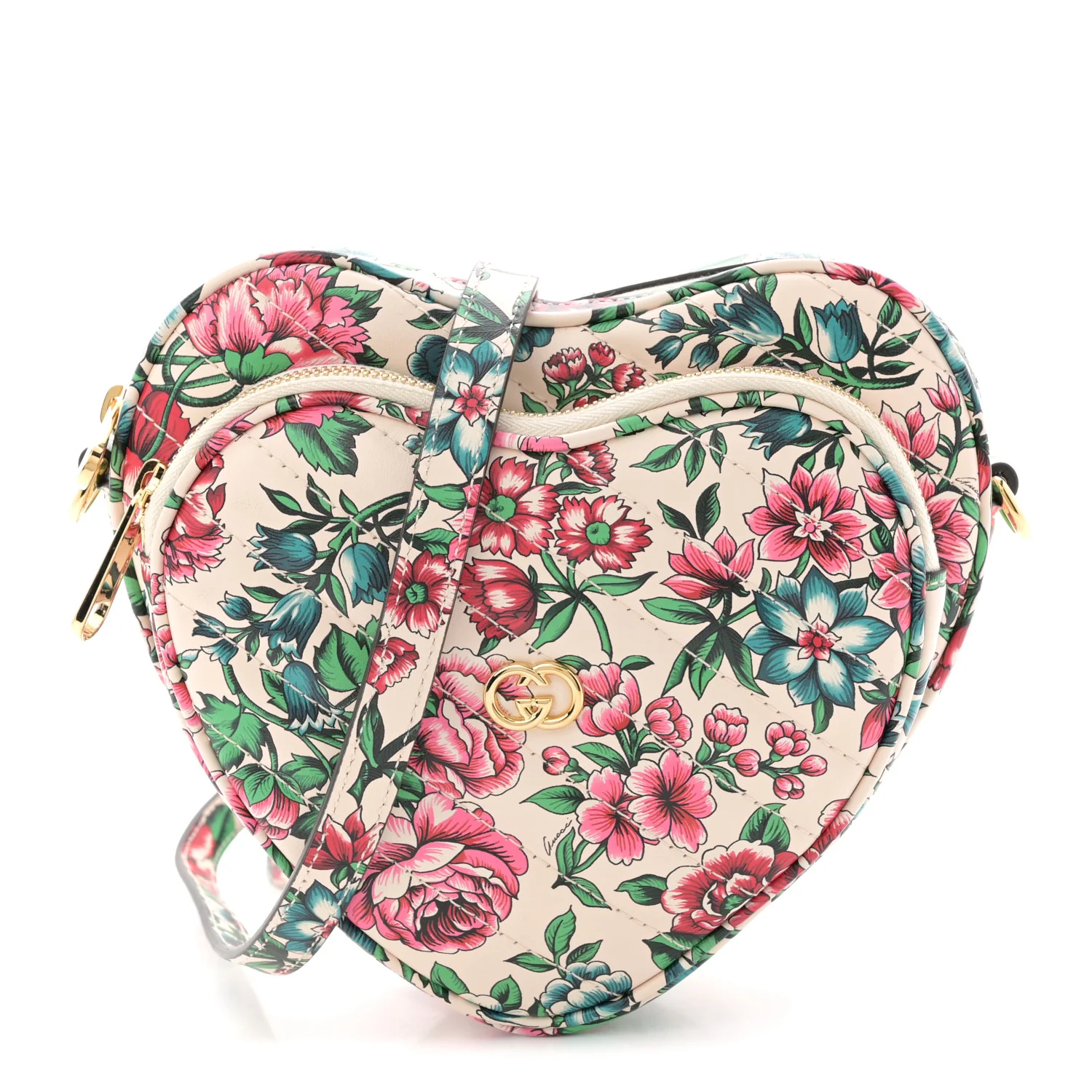 Calfskin Matelasse Diagonal Brit Roses Print Mini Interlocking G Heart Shoulder Bag White Multicolor - Image 2