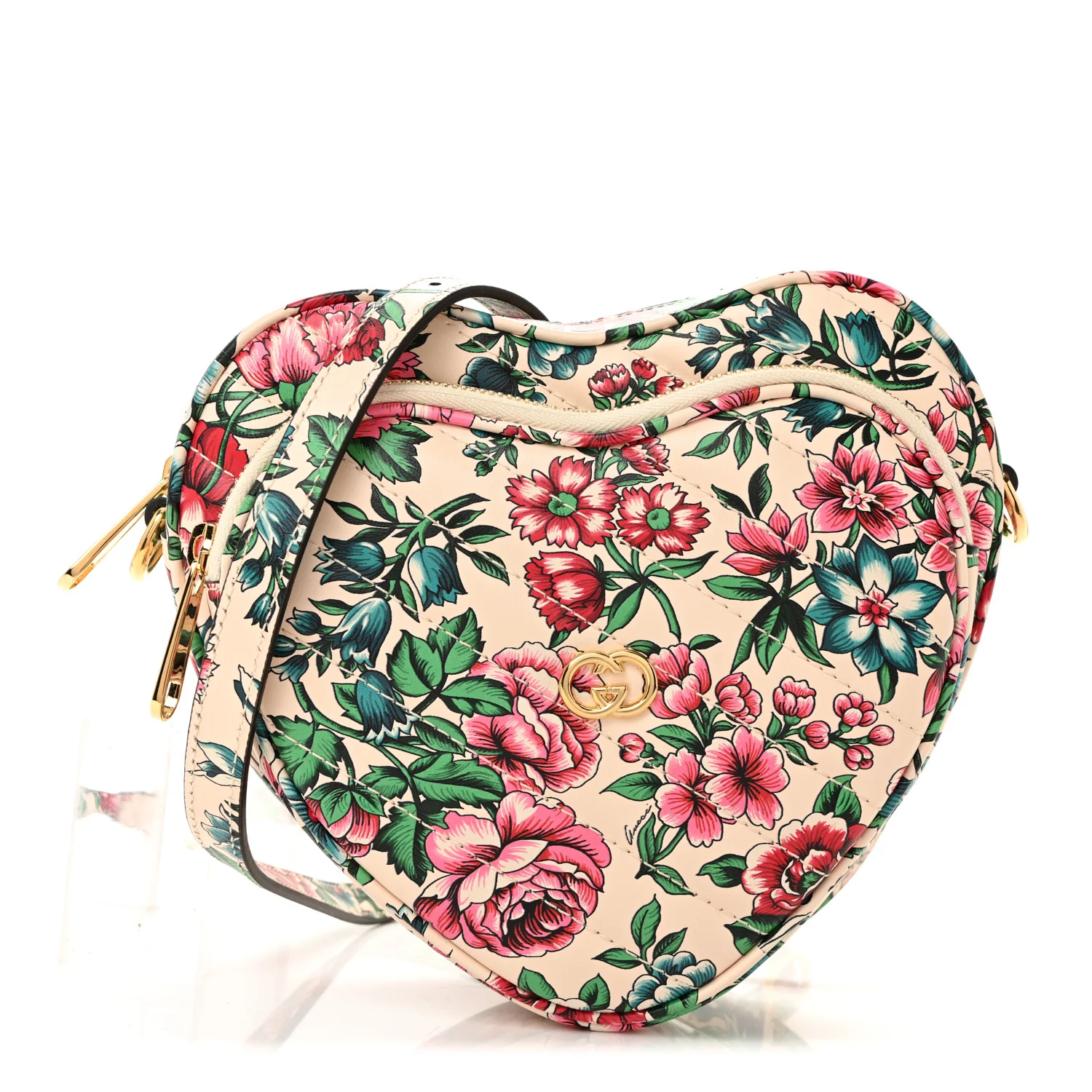 Calfskin Matelasse Diagonal Brit Roses Print Mini Interlocking G Heart Shoulder Bag  White Multicolor