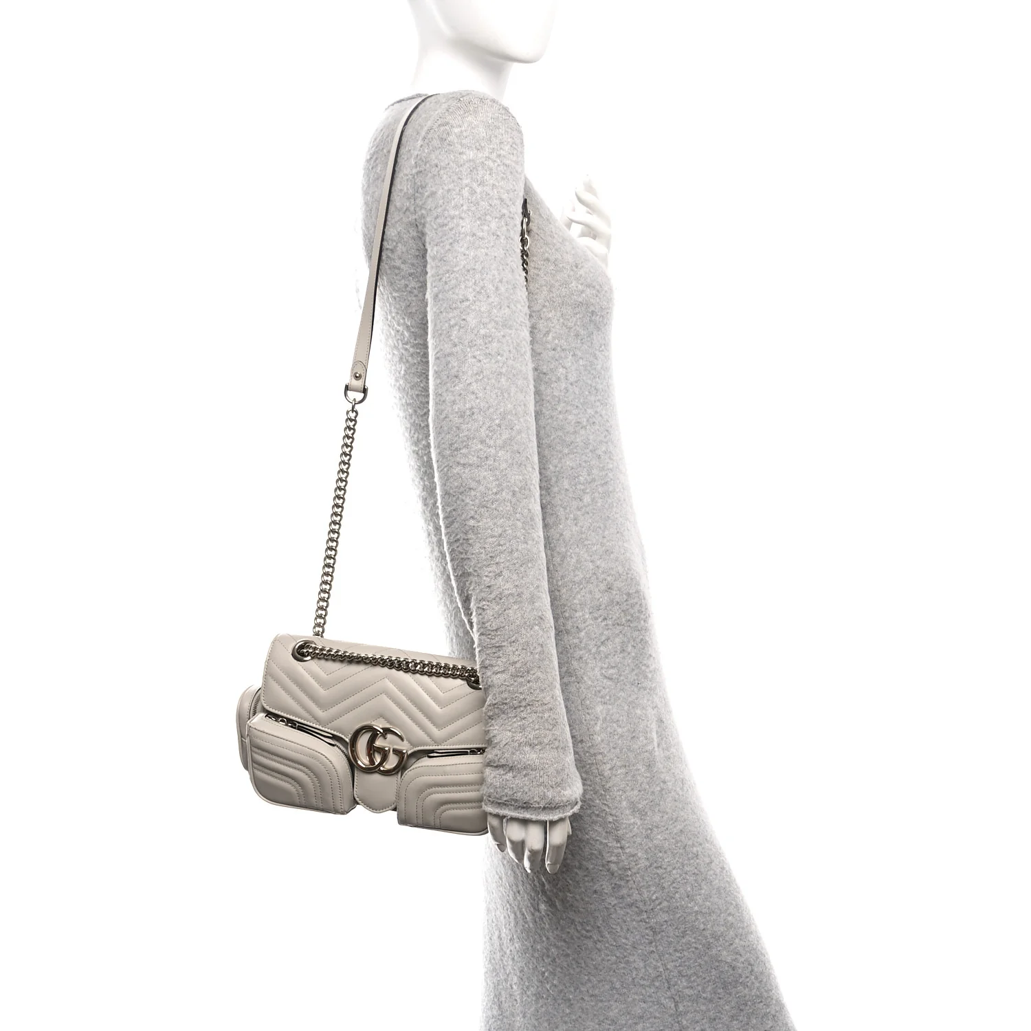 Calfskin Matelasse Small GG Marmont Multi Pocket Shoulder Bag Light Grey - Image 2