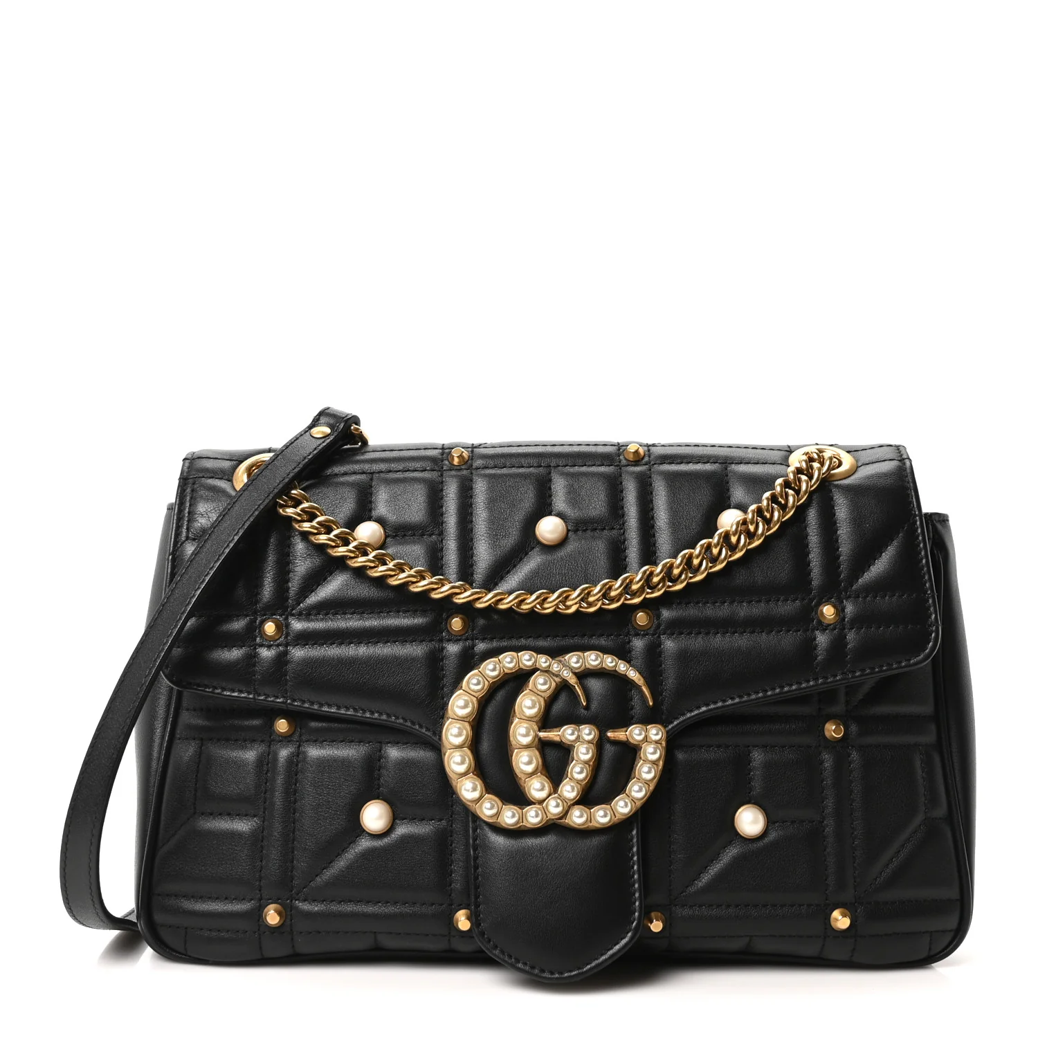 Calfskin Matelasse Studded Medium Pearly GG Marmont Shoulder Bag Black
