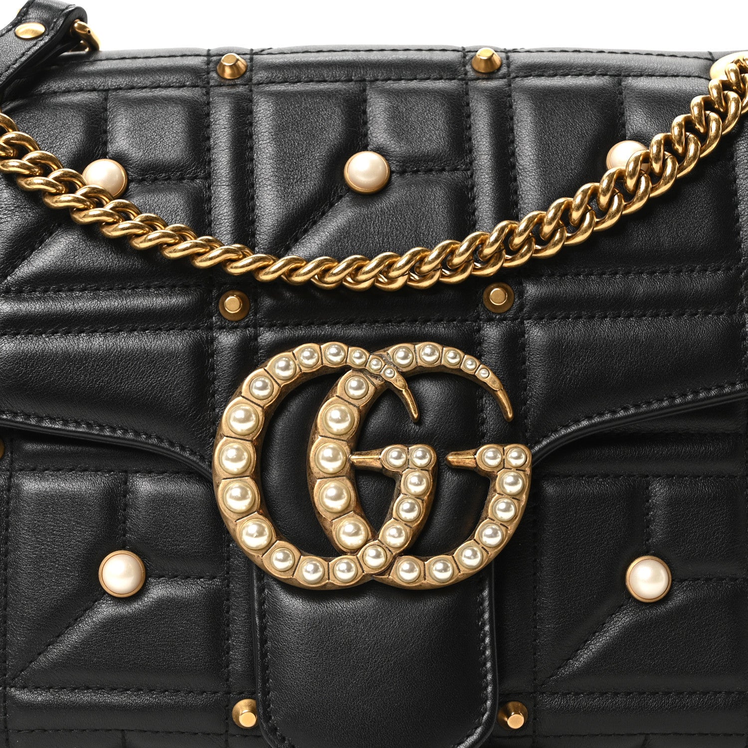 Calfskin Matelasse Studded Medium Pearly GG Marmont Shoulder Bag Black - Image 8