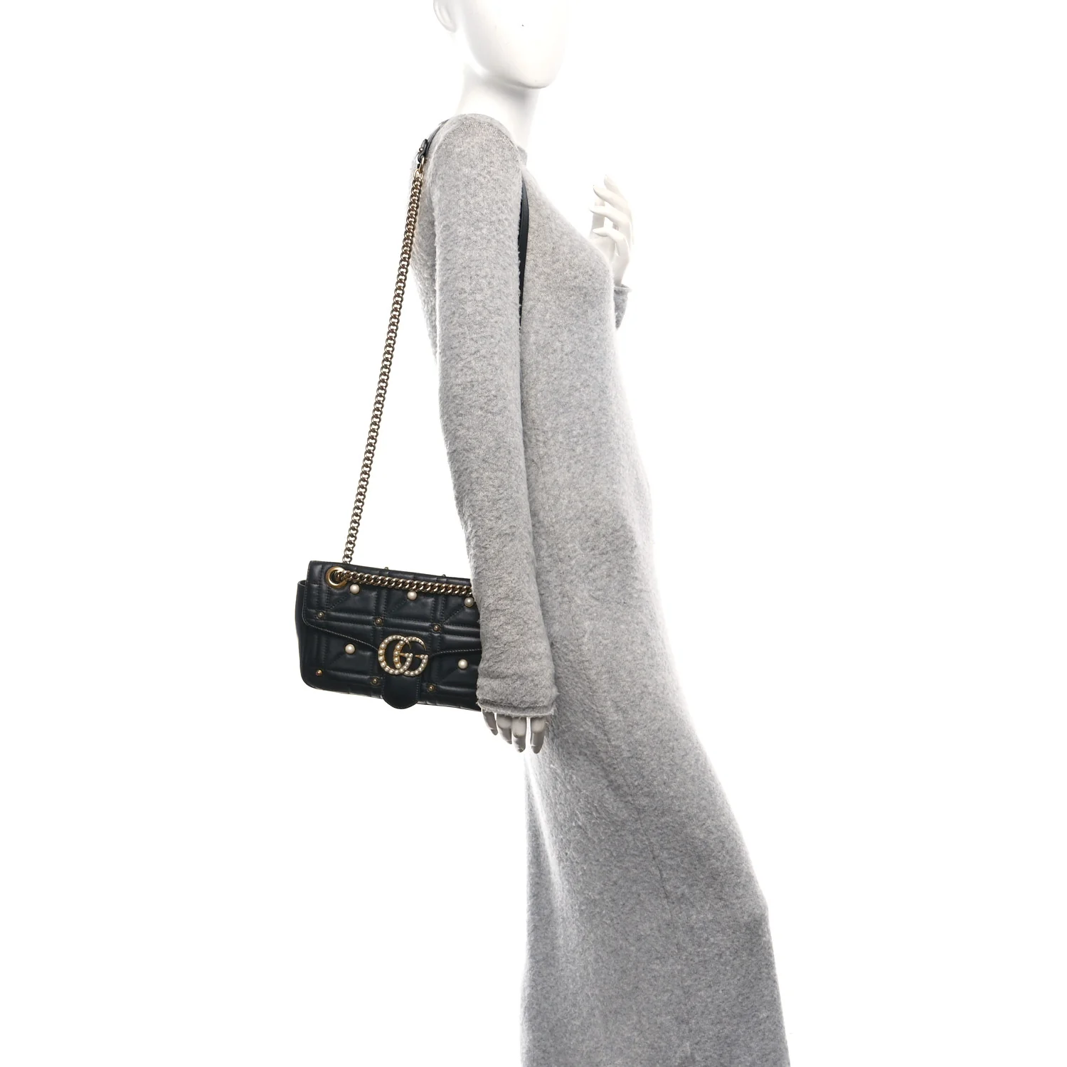 Calfskin Matelasse Studded Small Pearly GG Marmont Shoulder Bag Black - Image 2