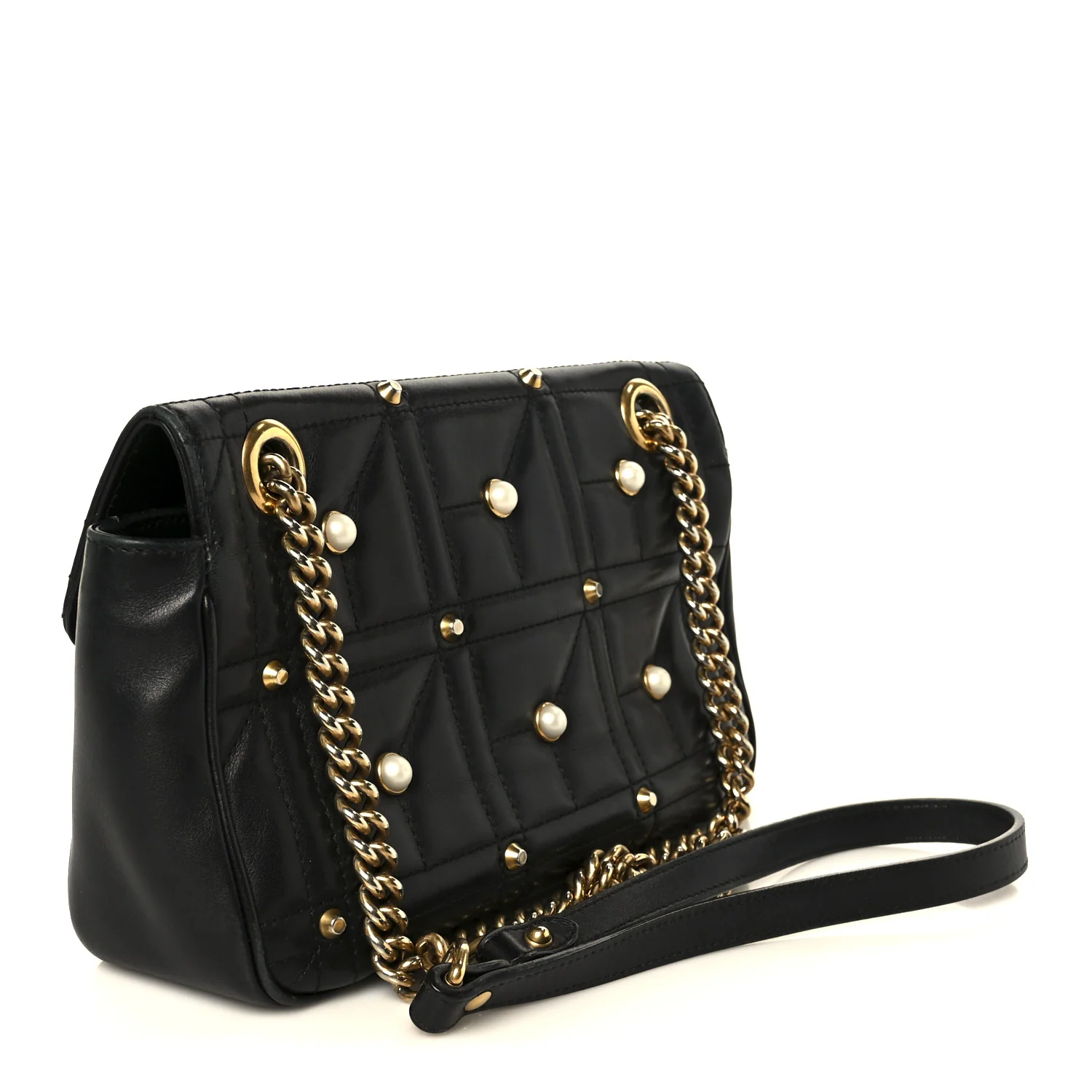 Calfskin Matelasse Studded Small Pearly GG Marmont Shoulder Bag Black - Image 3