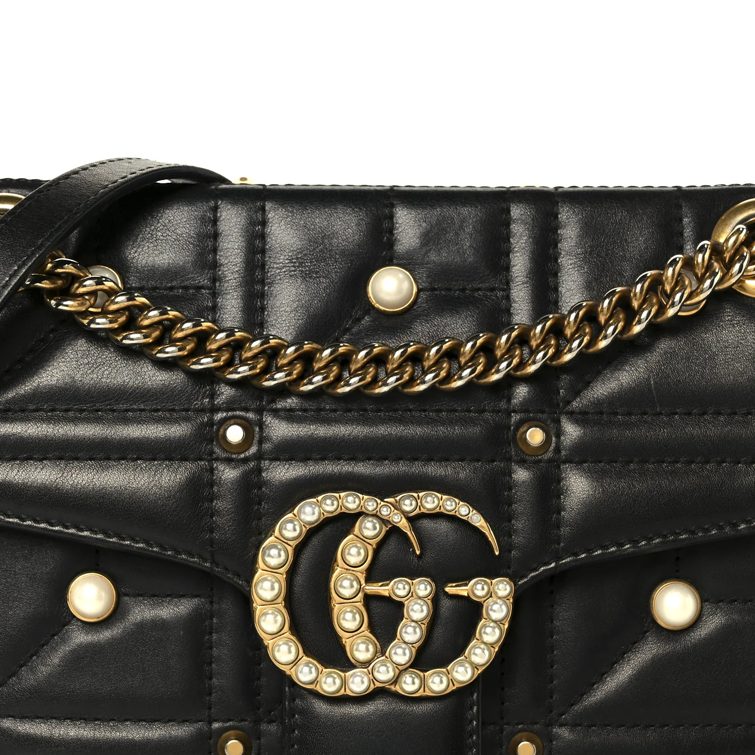 Calfskin Matelasse Studded Small Pearly GG Marmont Shoulder Bag Black - Image 9