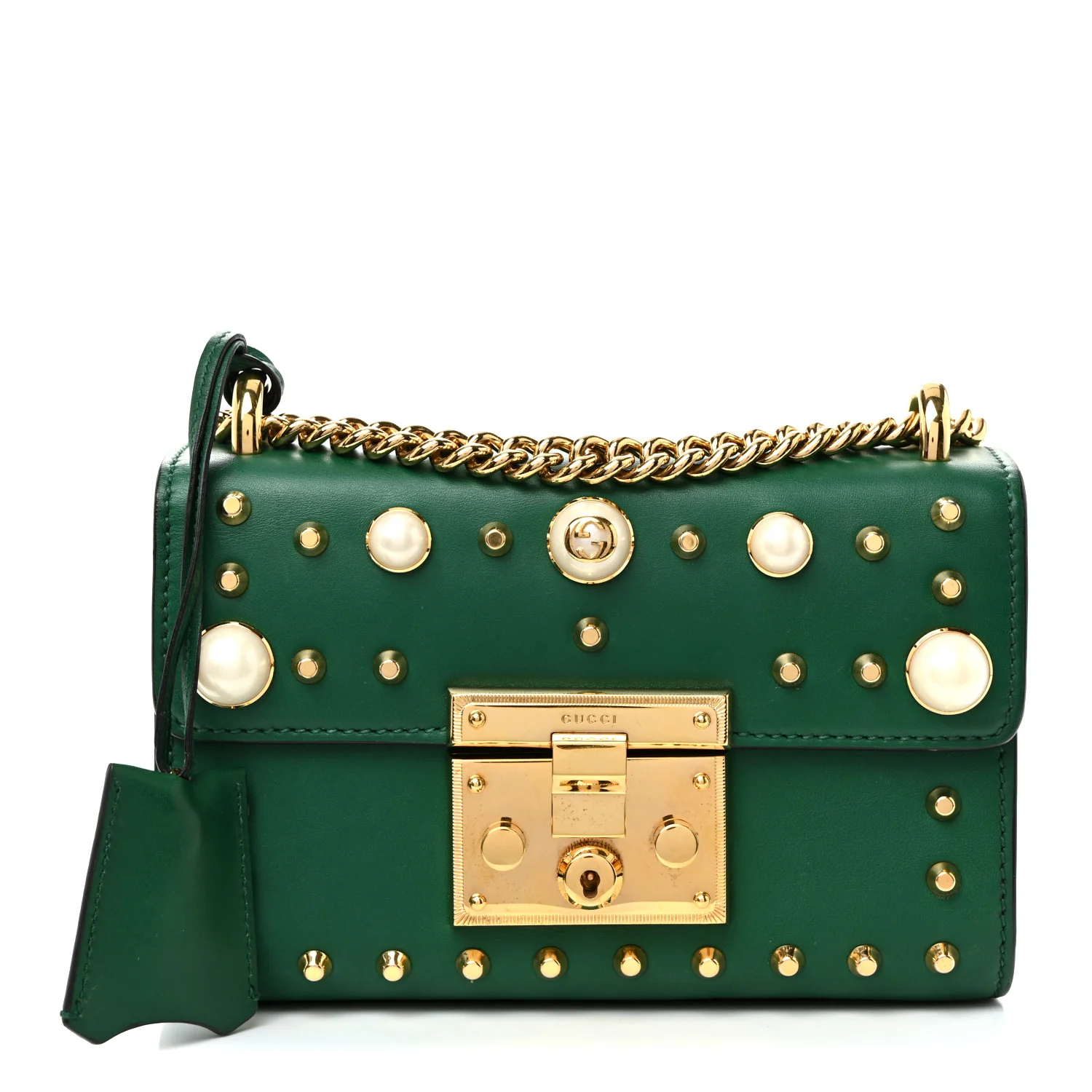 Calfskin Studded Small Padlock Shoulder Bag Emerald