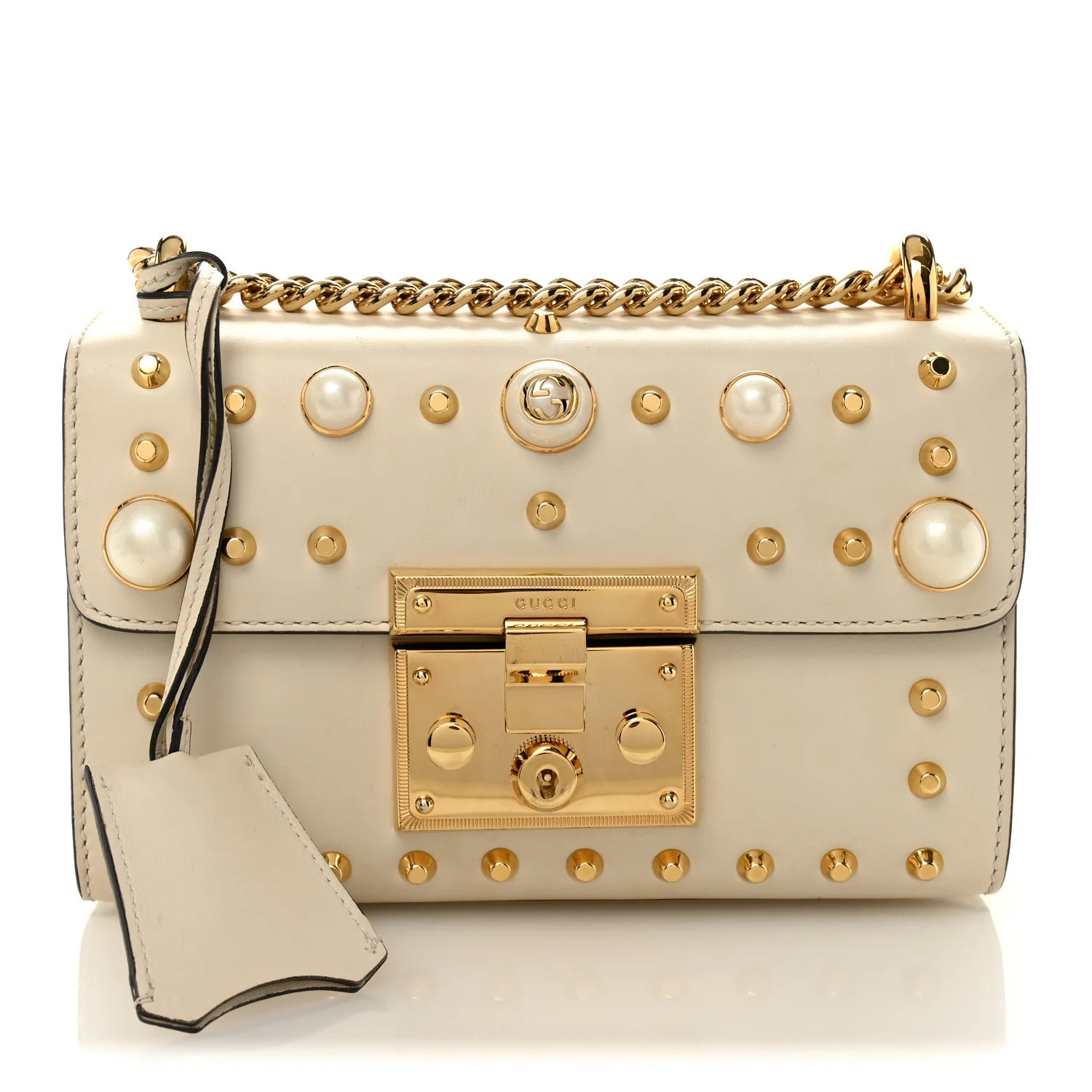 Calfskin Studded Small Padlock Shoulder Bag White