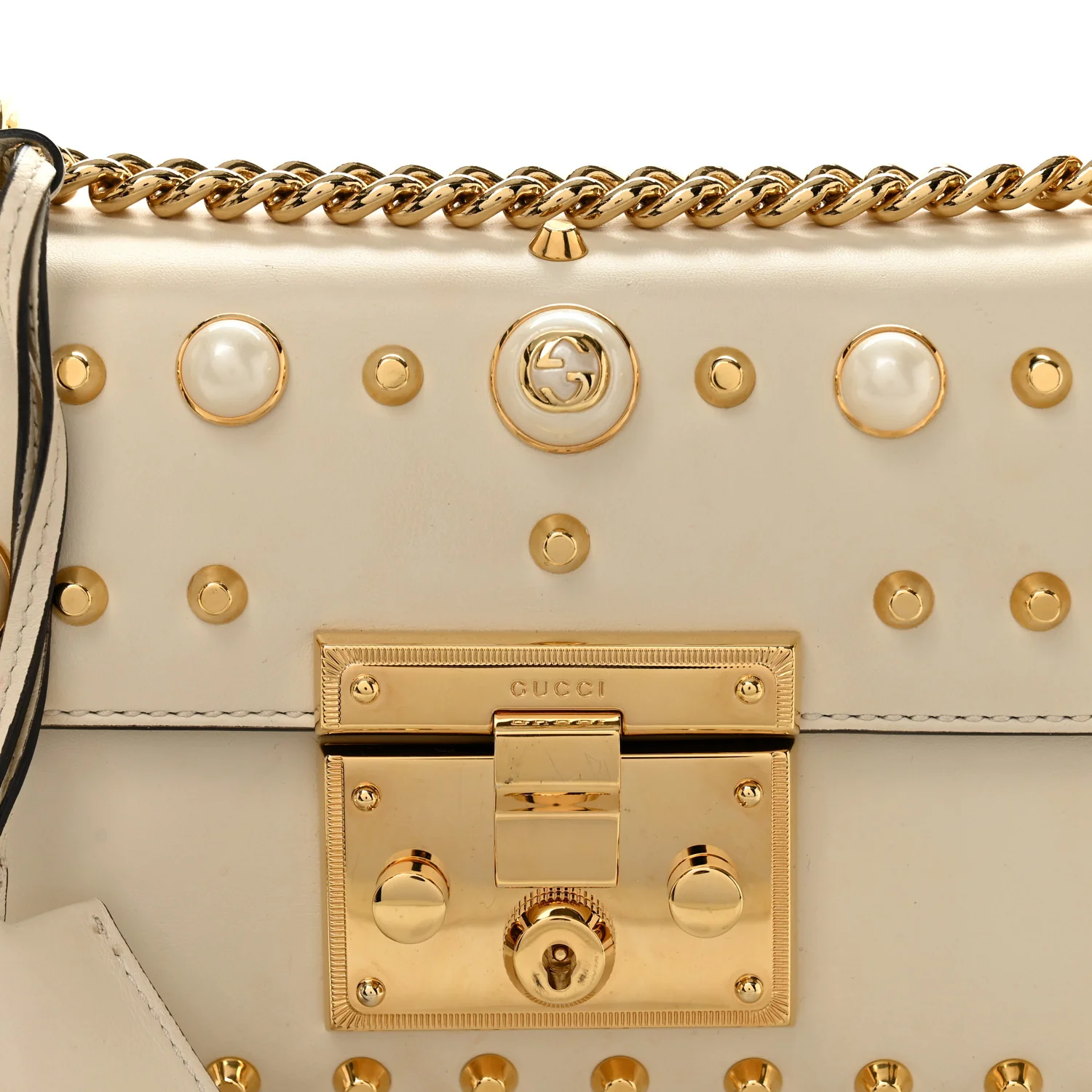 Calfskin Studded Small Padlock Shoulder Bag White - Image 8