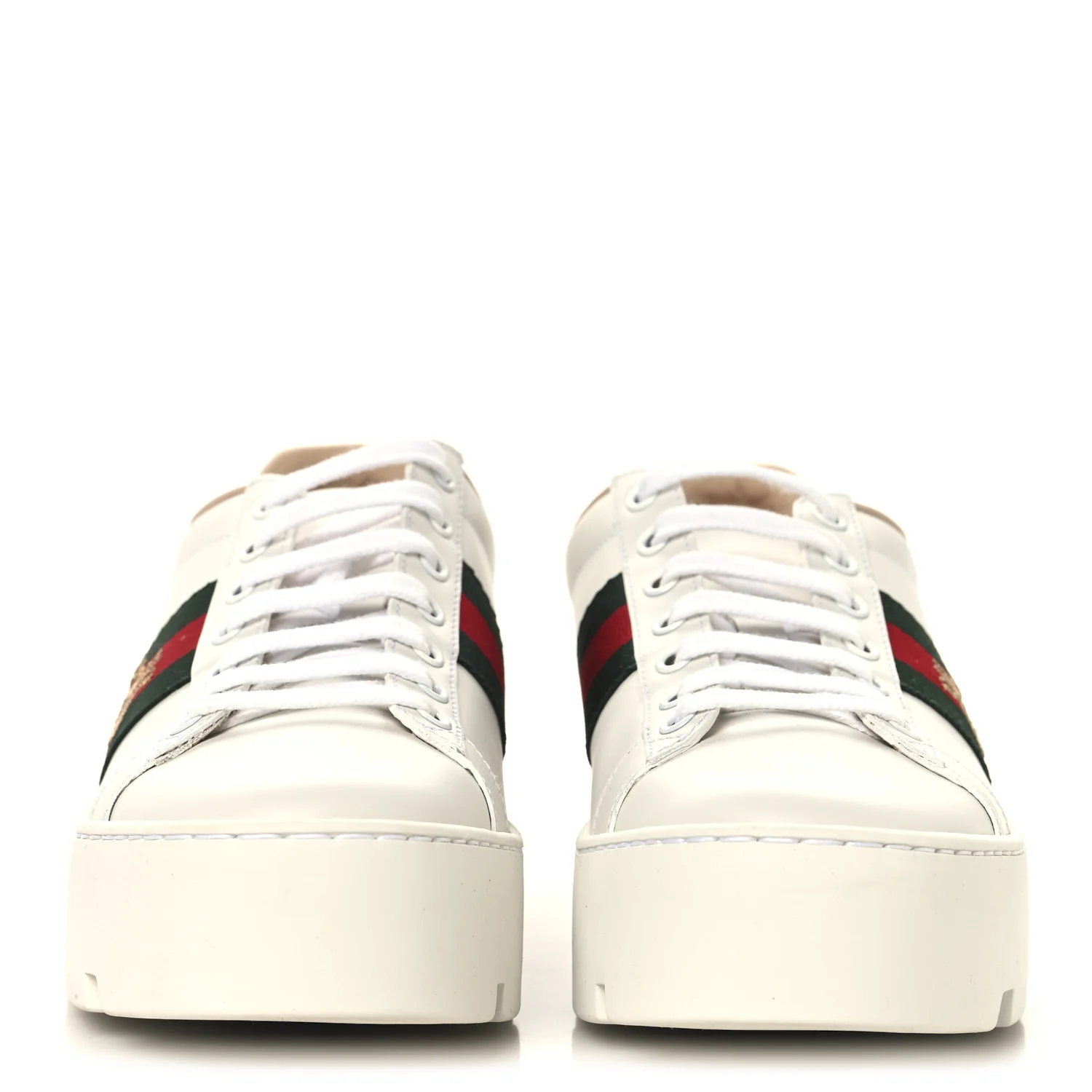 Calfskin Web Bee Embroidered Womens Ace Platform Sneakers 37.5 White - Image 3