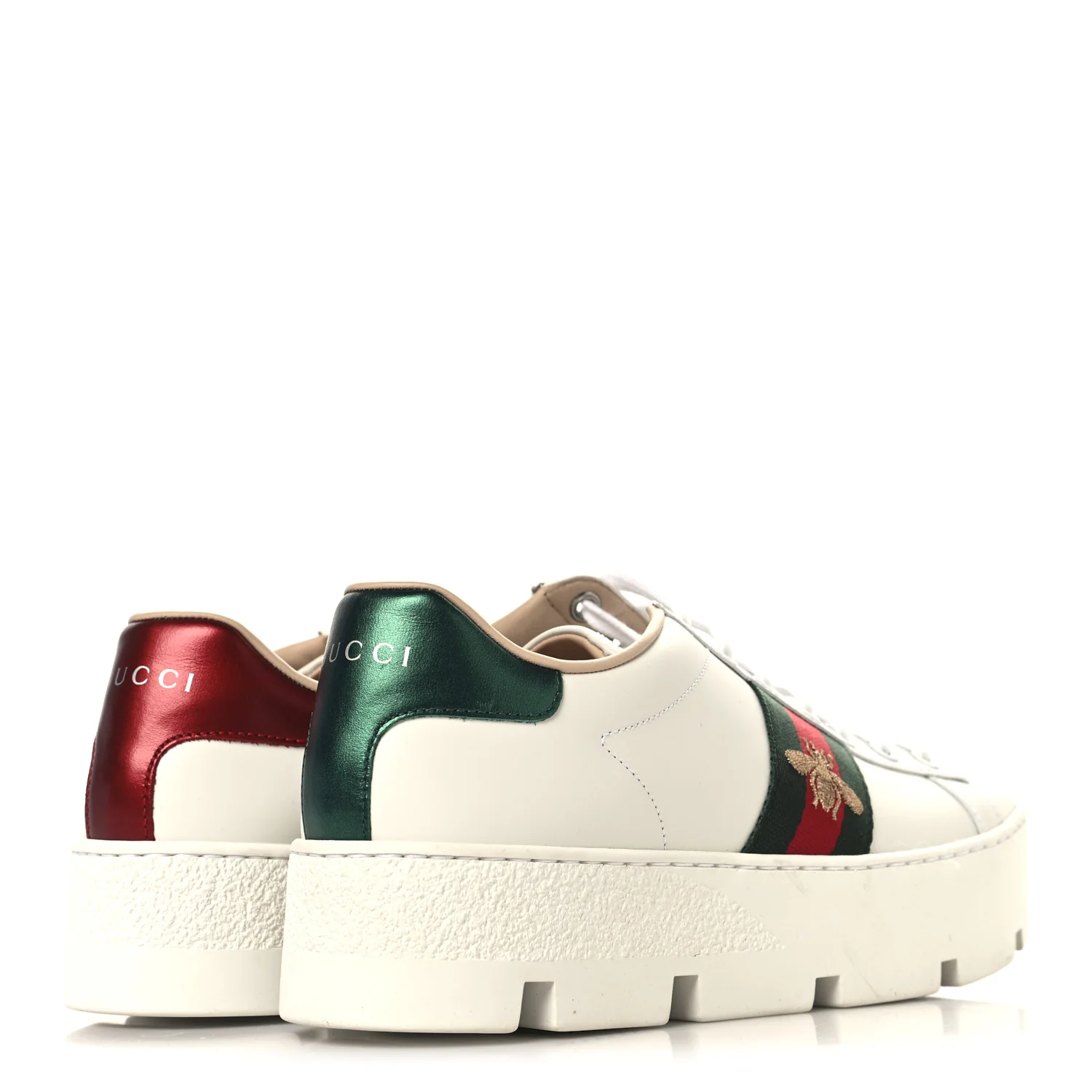 Calfskin Web Bee Embroidered Womens Ace Platform Sneakers 37.5 White - Image 5