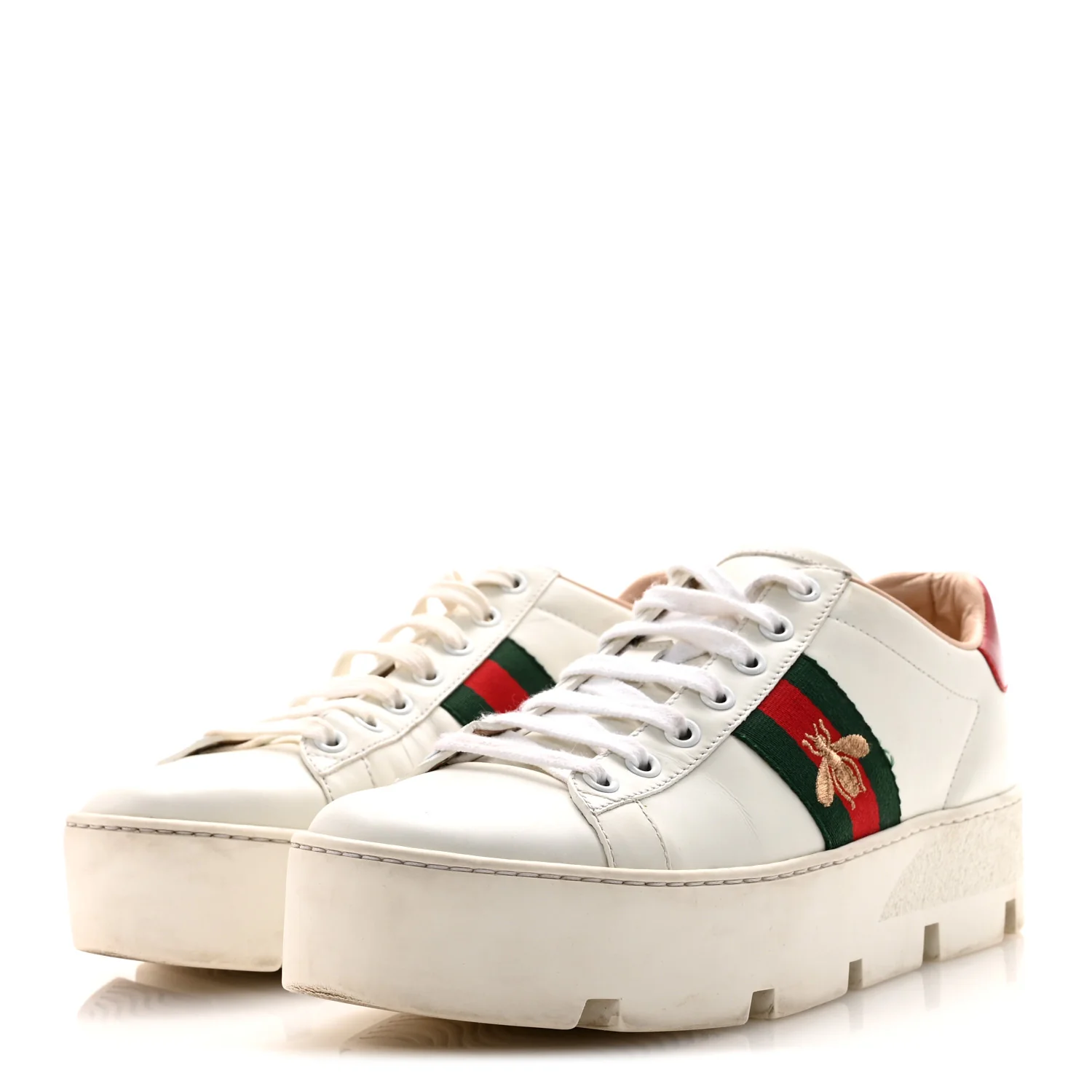Calfskin Web Bee Embroidered Womens Ace Platform Sneakers 38.5 White - Image 4