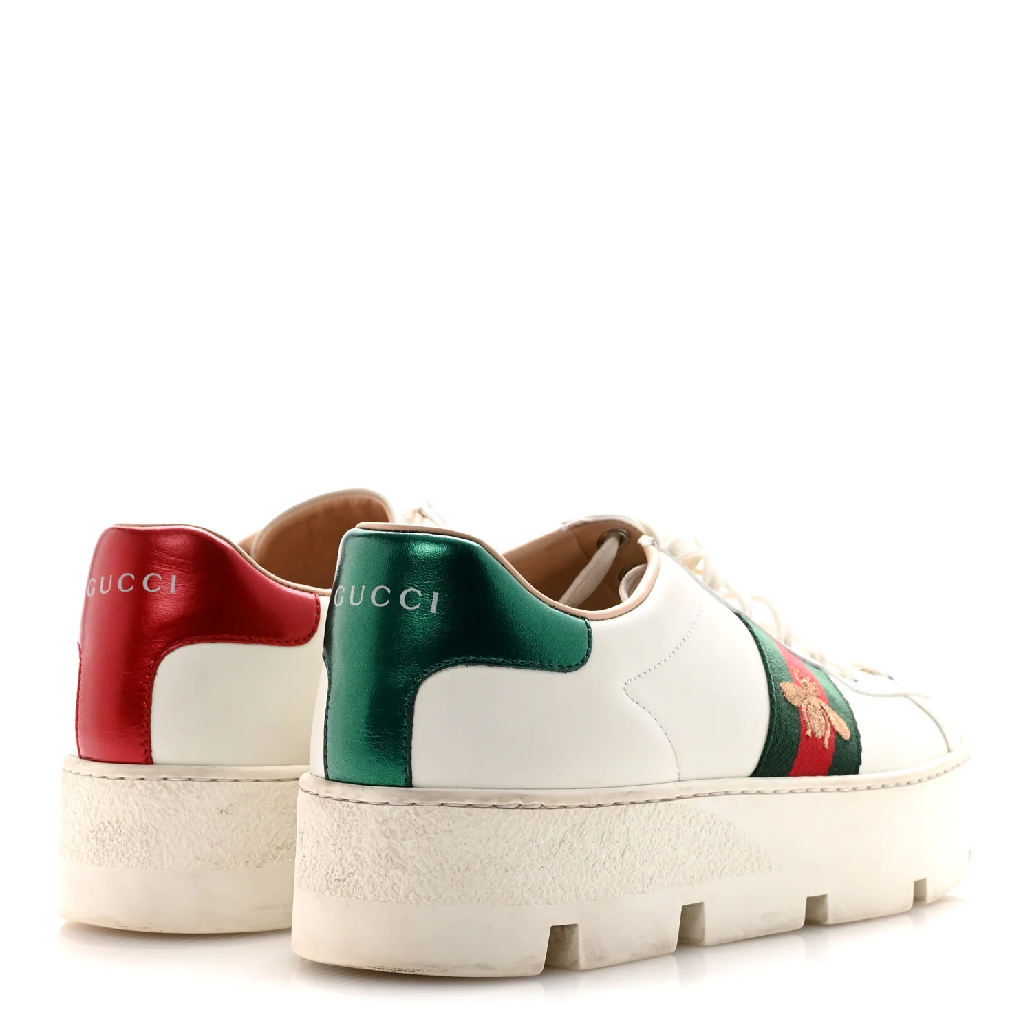 Calfskin Web Bee Embroidered Womens Ace Platform Sneakers 38.5 White - Image 5