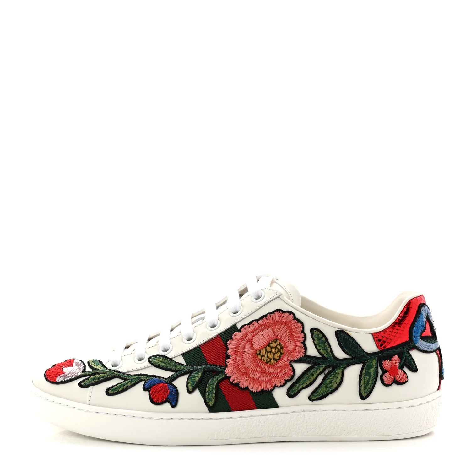 Calfskin Web Floral Embroidered Womens Ace Sneakers 39 White