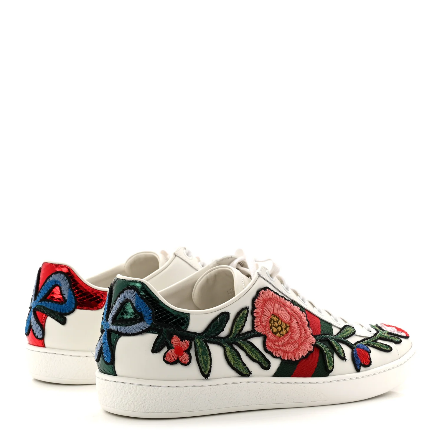 Calfskin Web Floral Embroidered Womens Ace Sneakers 39 White - Image 5