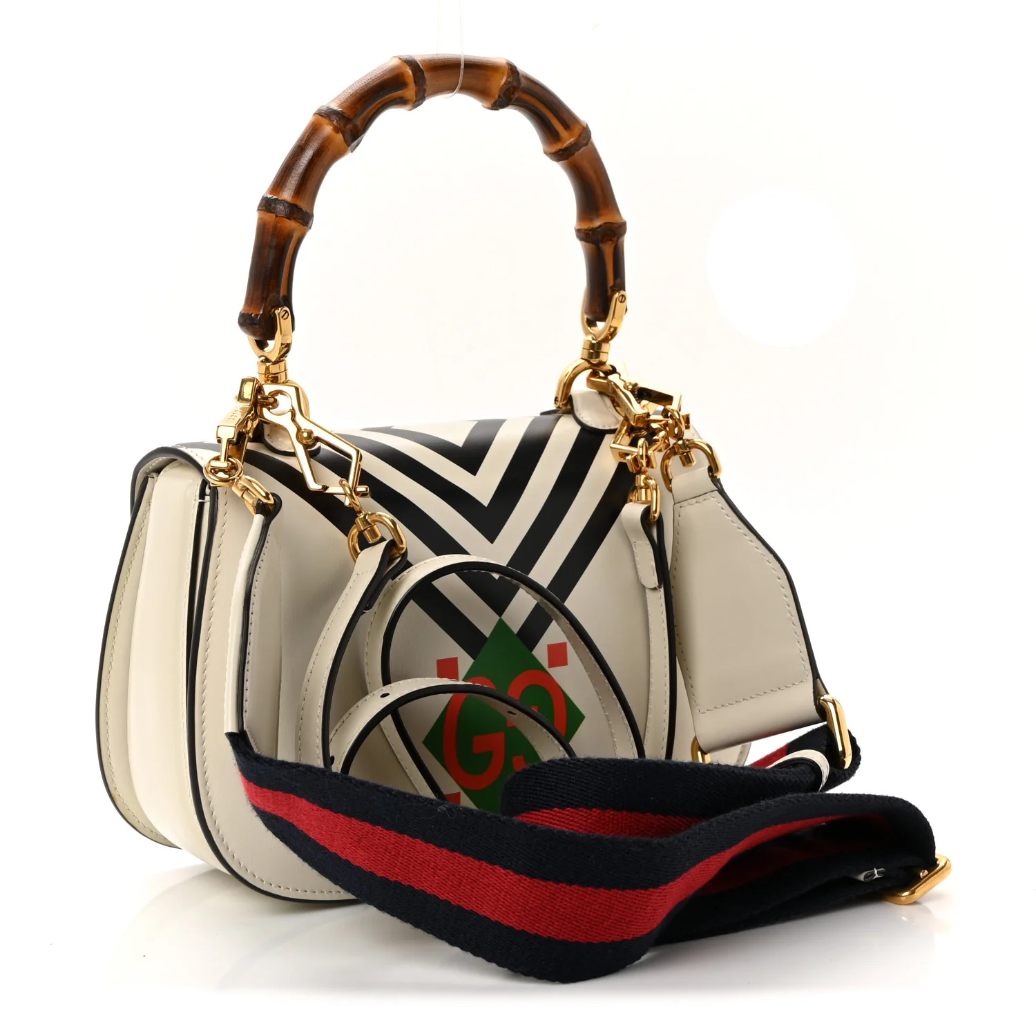 Calfskin Web Geometric Print Small Bamboo 1947 Top Handle Bag White Multi - Image 2