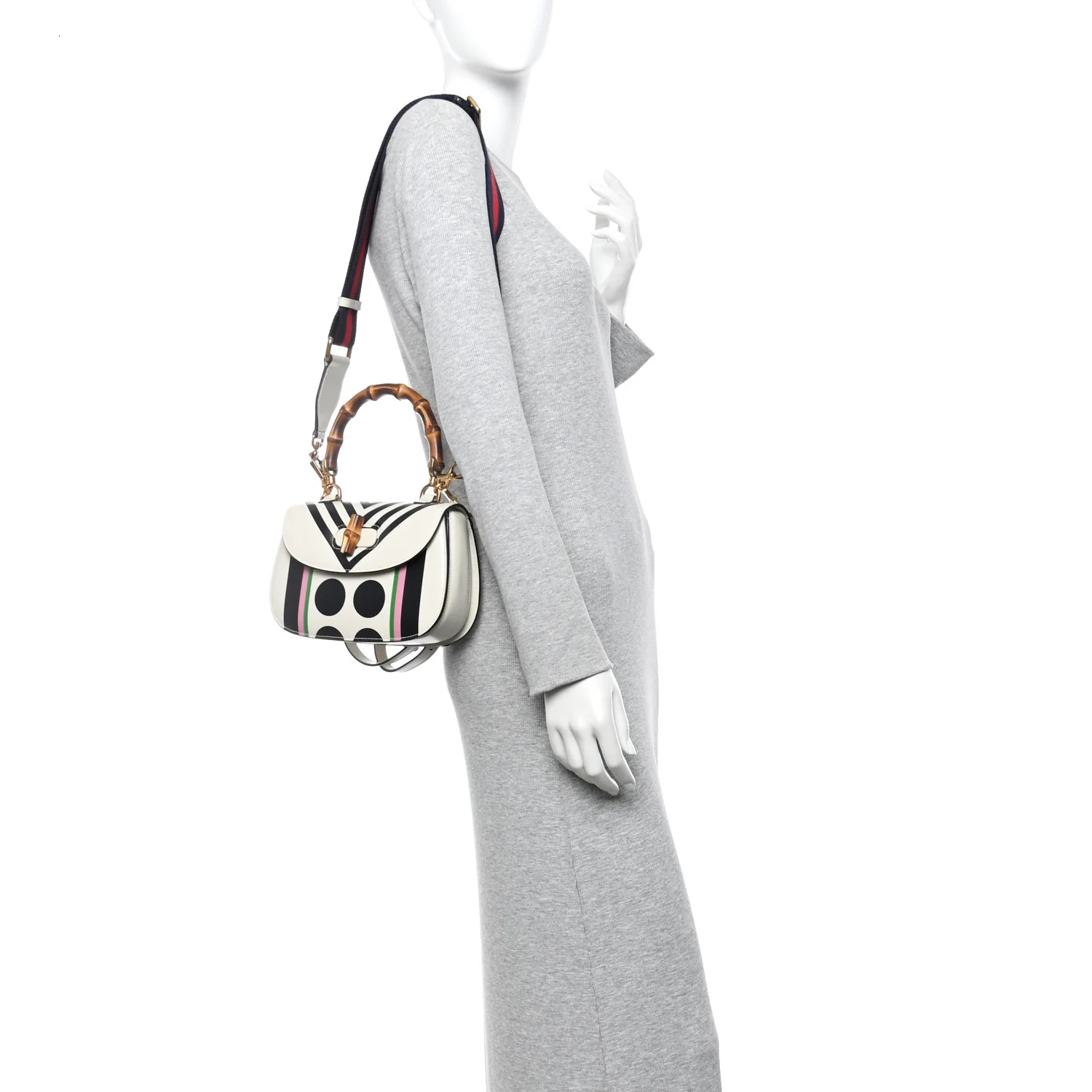 Calfskin Web Geometric Print Small Bamboo 1947 Top Handle Bag White Multi - Image 3