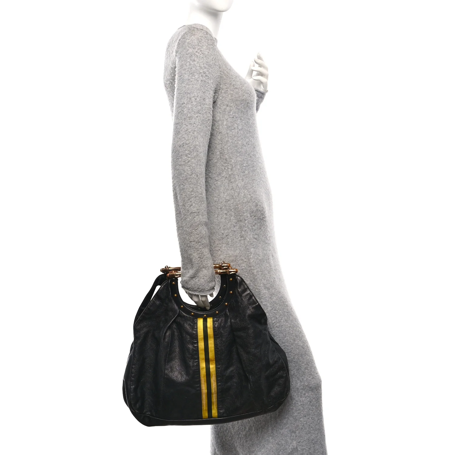 Calfskin Web Metal Bamboo Tote Black - Image 2