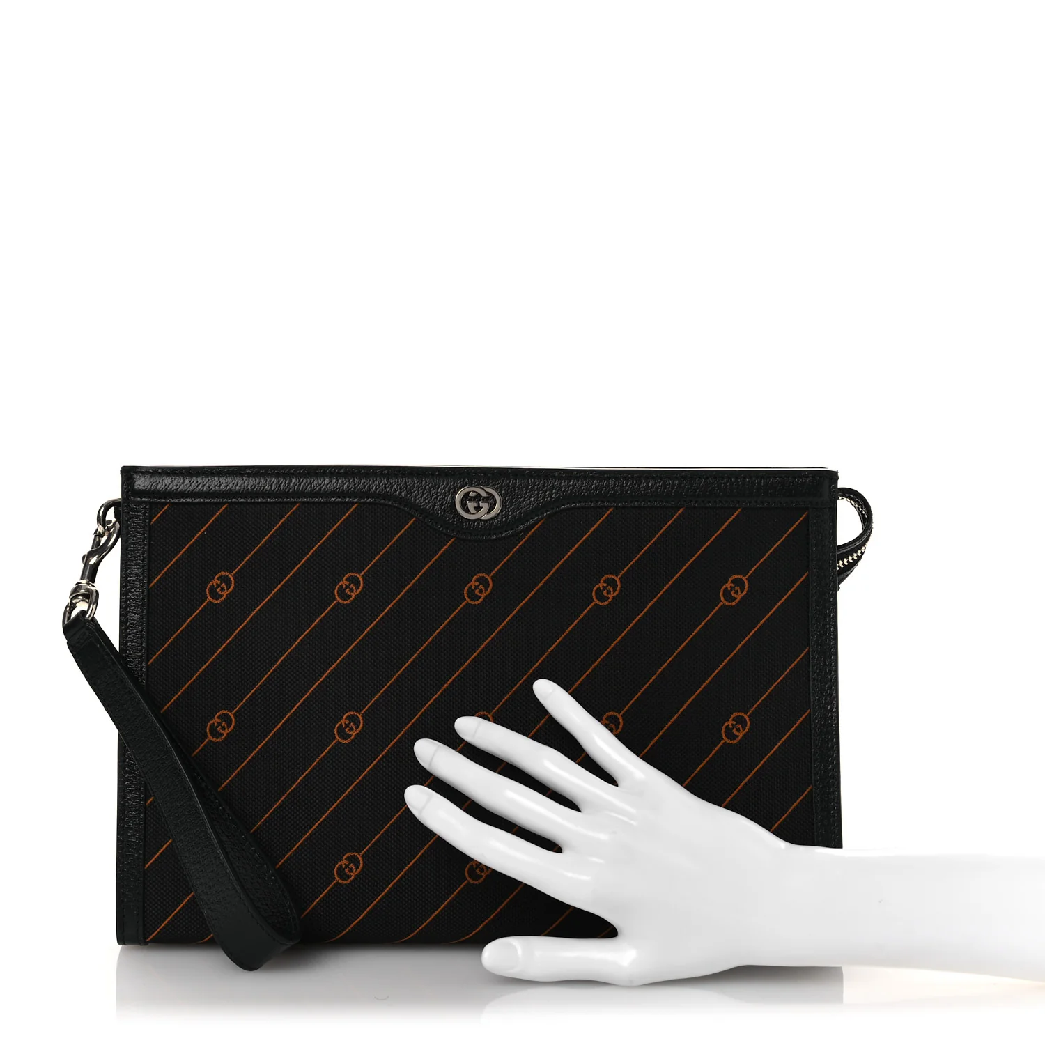 Canvas Diagonal Interlocking G Zip Pouch Black Orange - Image 2