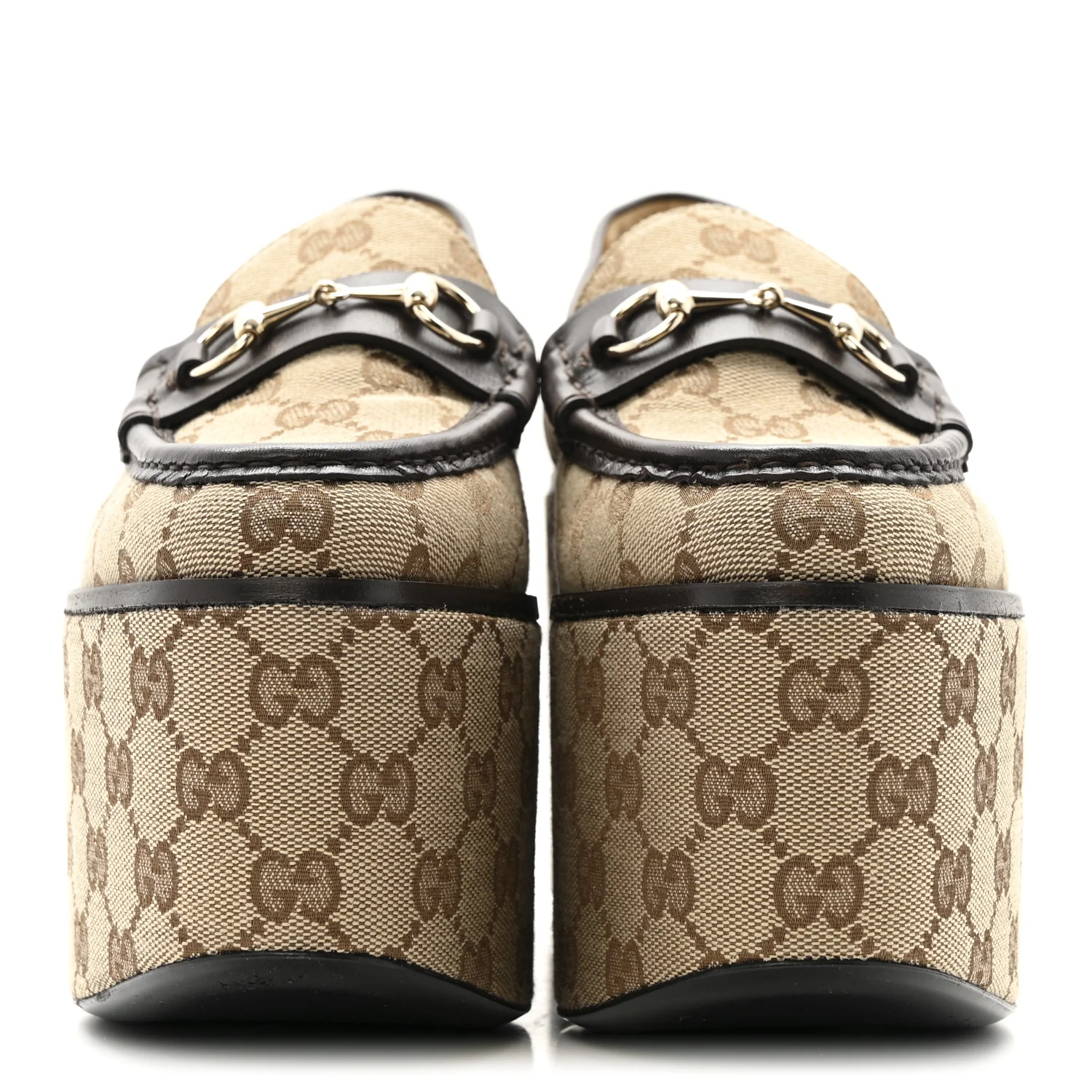 Canvas GG Monogram Horsebit Calfskin Womens Horsebit Platform Loafers 38 Beige Ebony - Image 3