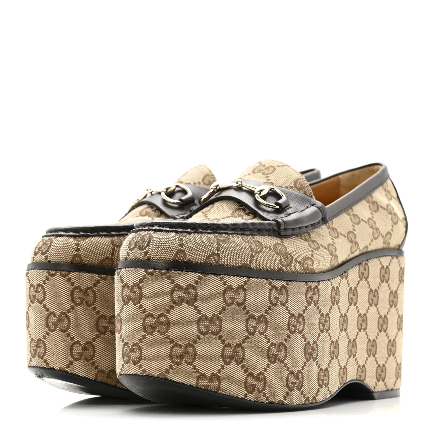 Canvas GG Monogram Horsebit Calfskin Womens Horsebit Platform Loafers 38 Beige Ebony - Image 4